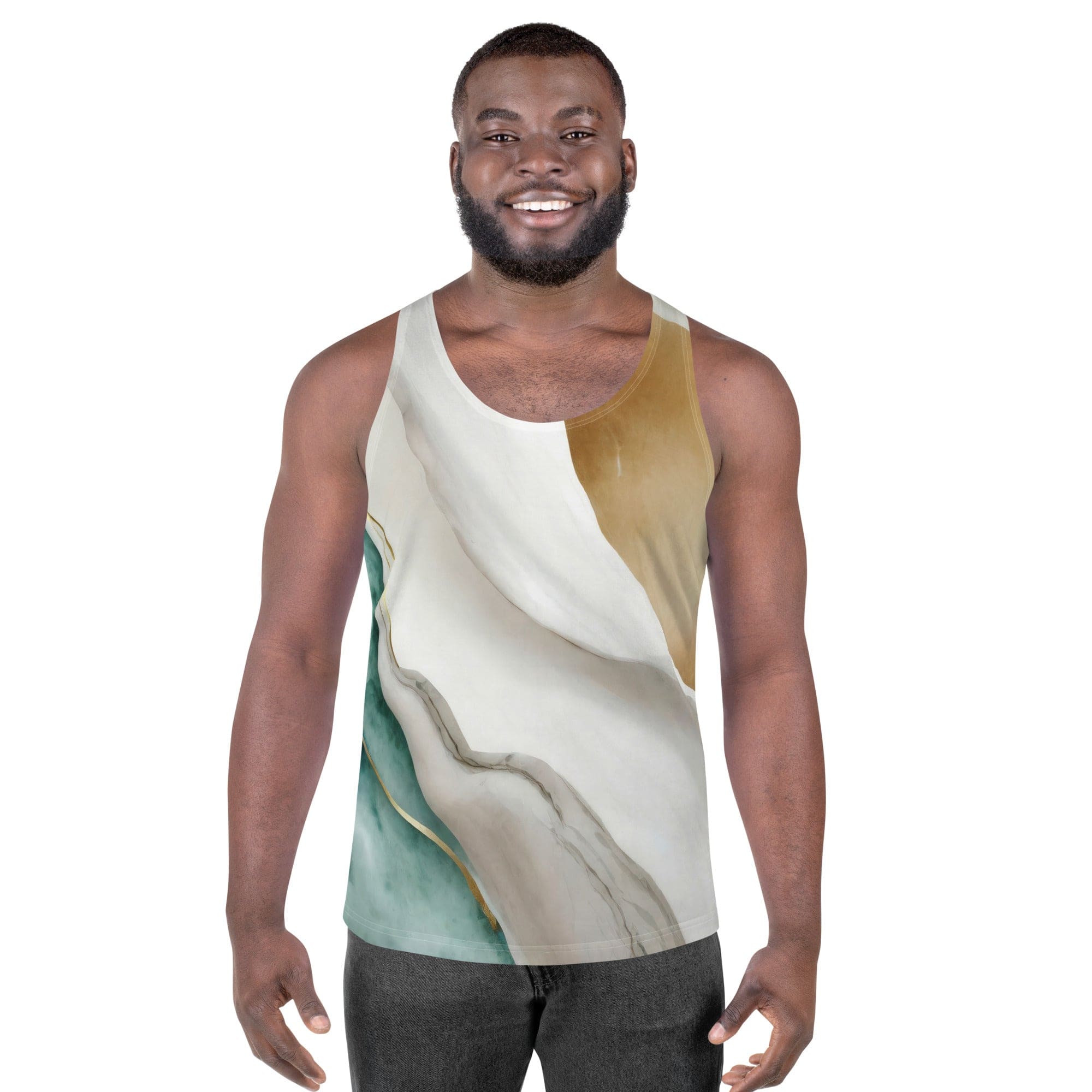 Men's Stretch Fit Tank Top in Cream White Green Marbled Print, showcasing a sleeveless design and classic crew neckline.