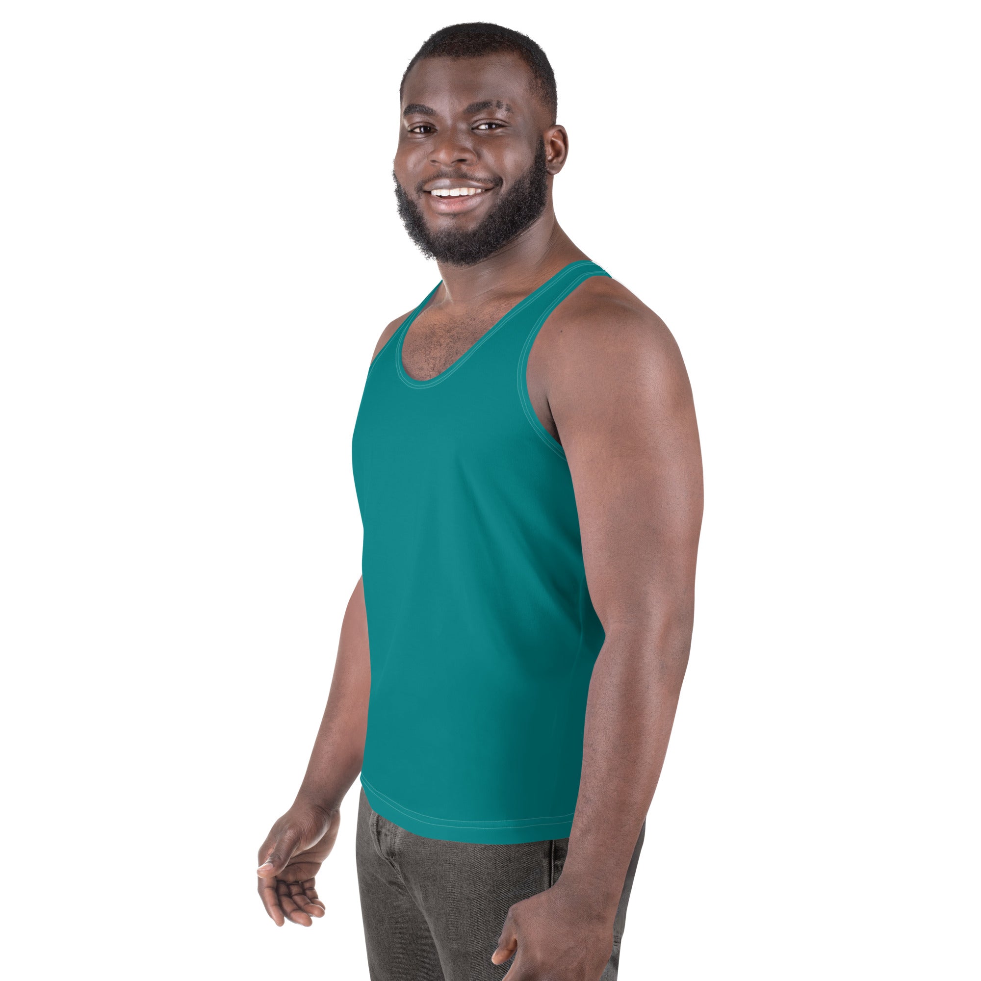 Mens Stretch Fit Tank Top in Dark Teal Green, showcasing its sleeveless design and breathable fabric.