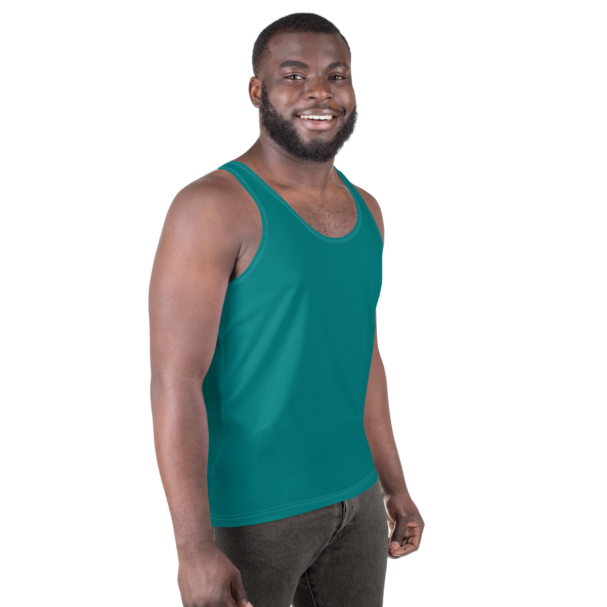 Mens Stretch Fit Tank Top in Dark Teal Green, showcasing its sleeveless design and breathable fabric.