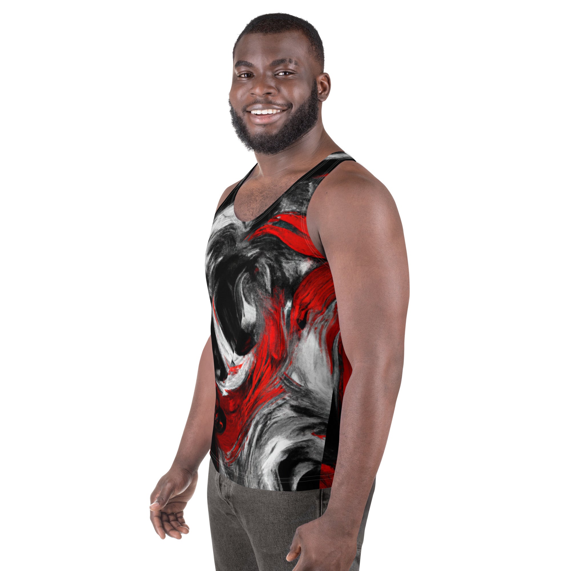 Mens Stretch Fit Tank Top featuring a decorative black, red, and white abstract seamless pattern, ideal for active wear.