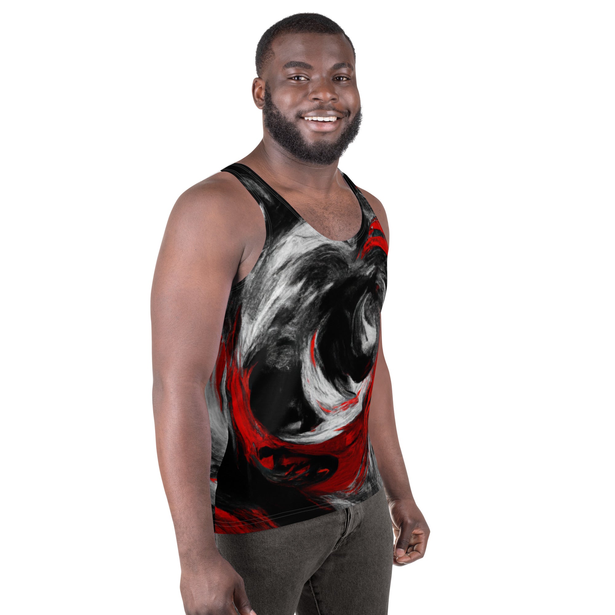 Mens Stretch Fit Tank Top featuring a decorative black, red, and white abstract seamless pattern, ideal for active wear.