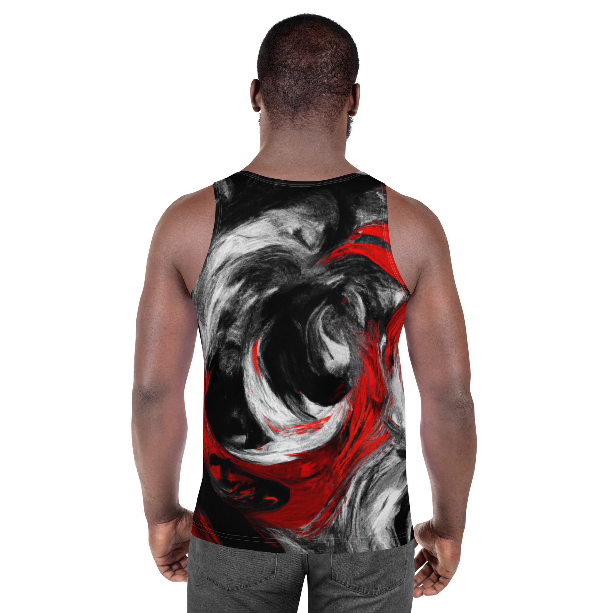 Mens Stretch Fit Tank Top featuring a decorative black, red, and white abstract seamless pattern, ideal for active wear.