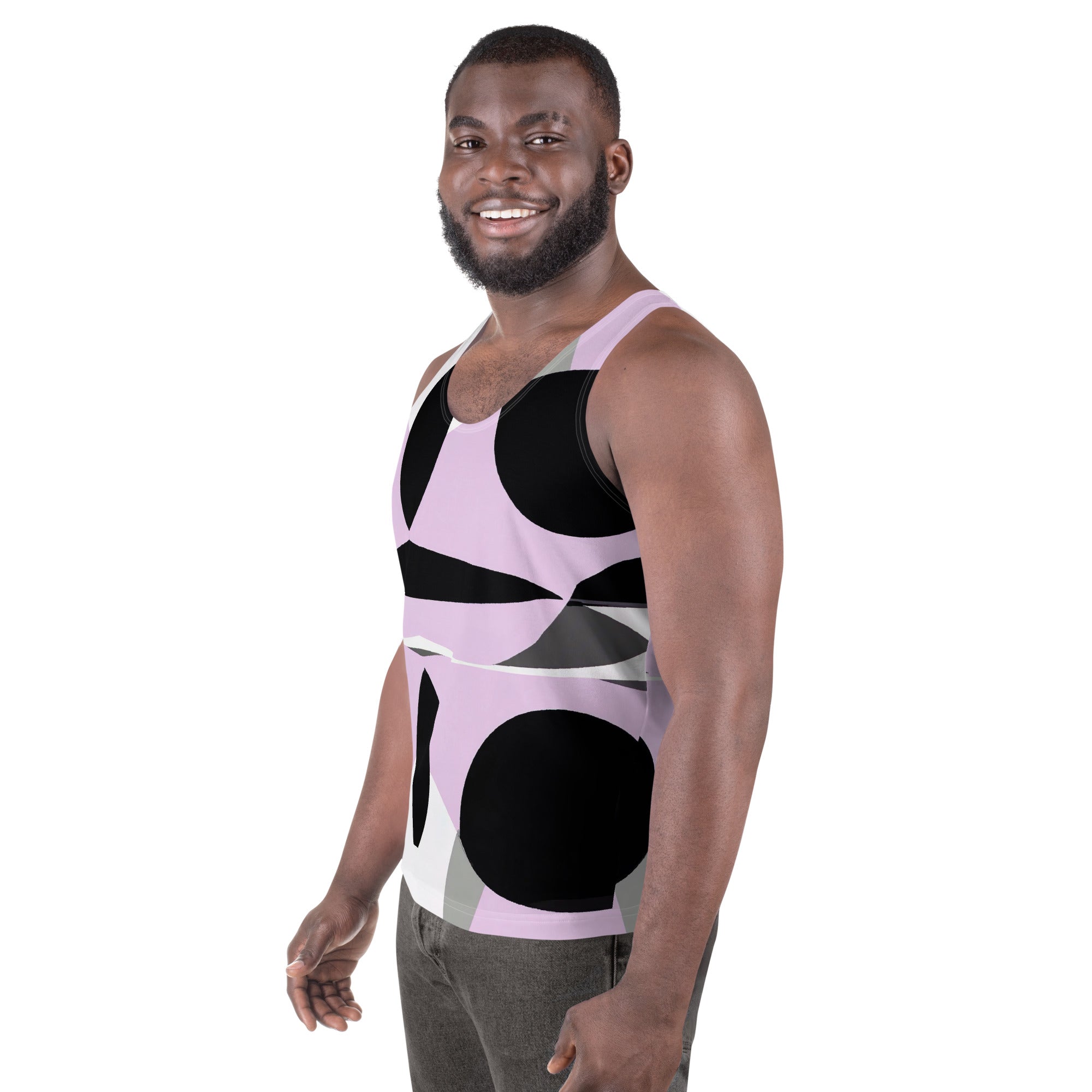 Mens Stretch Fit Tank Top featuring a geometric lavender and black pattern, designed for comfort and style, perfect for active and casual wear.