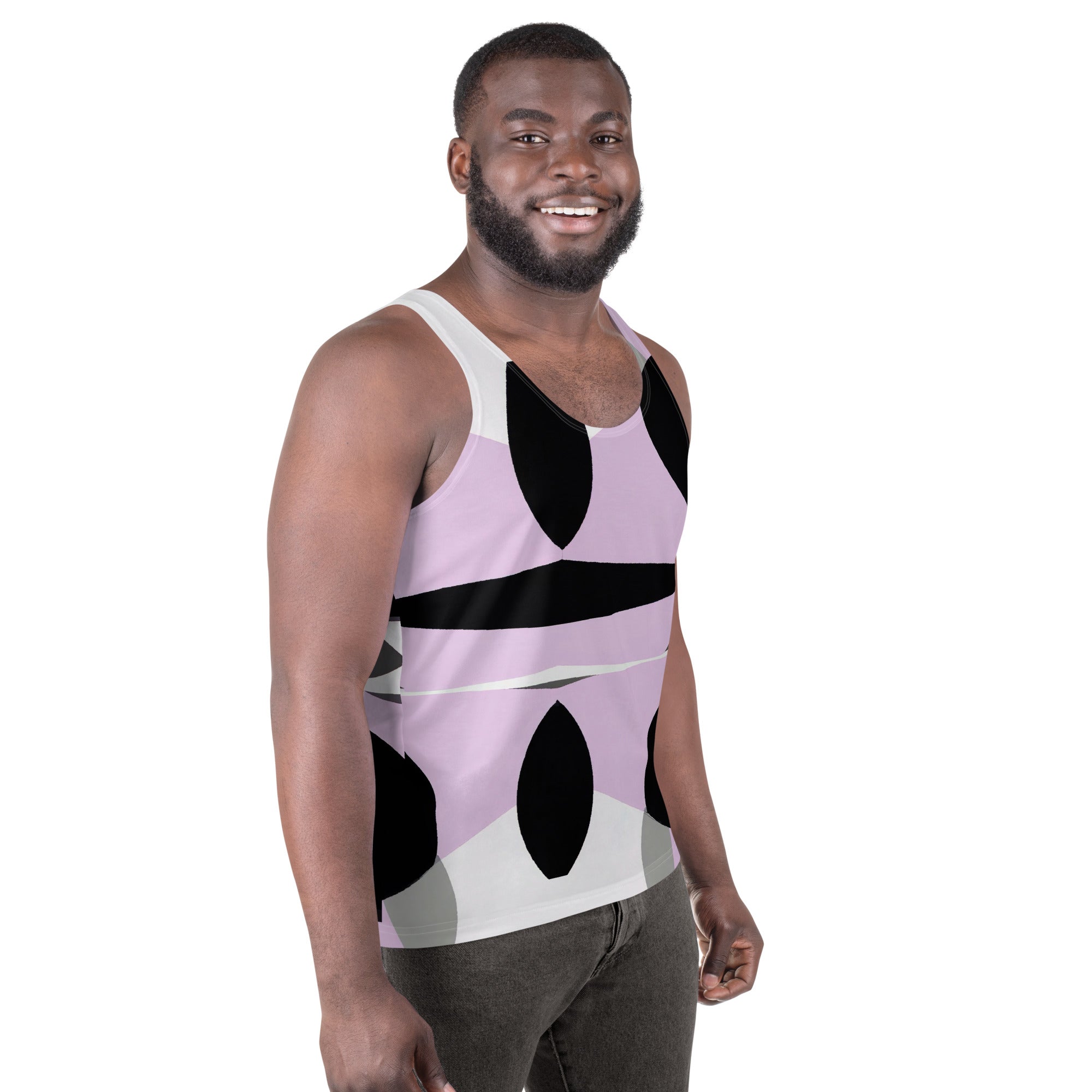 Mens Stretch Fit Tank Top featuring a geometric lavender and black pattern, designed for comfort and style, perfect for active and casual wear.