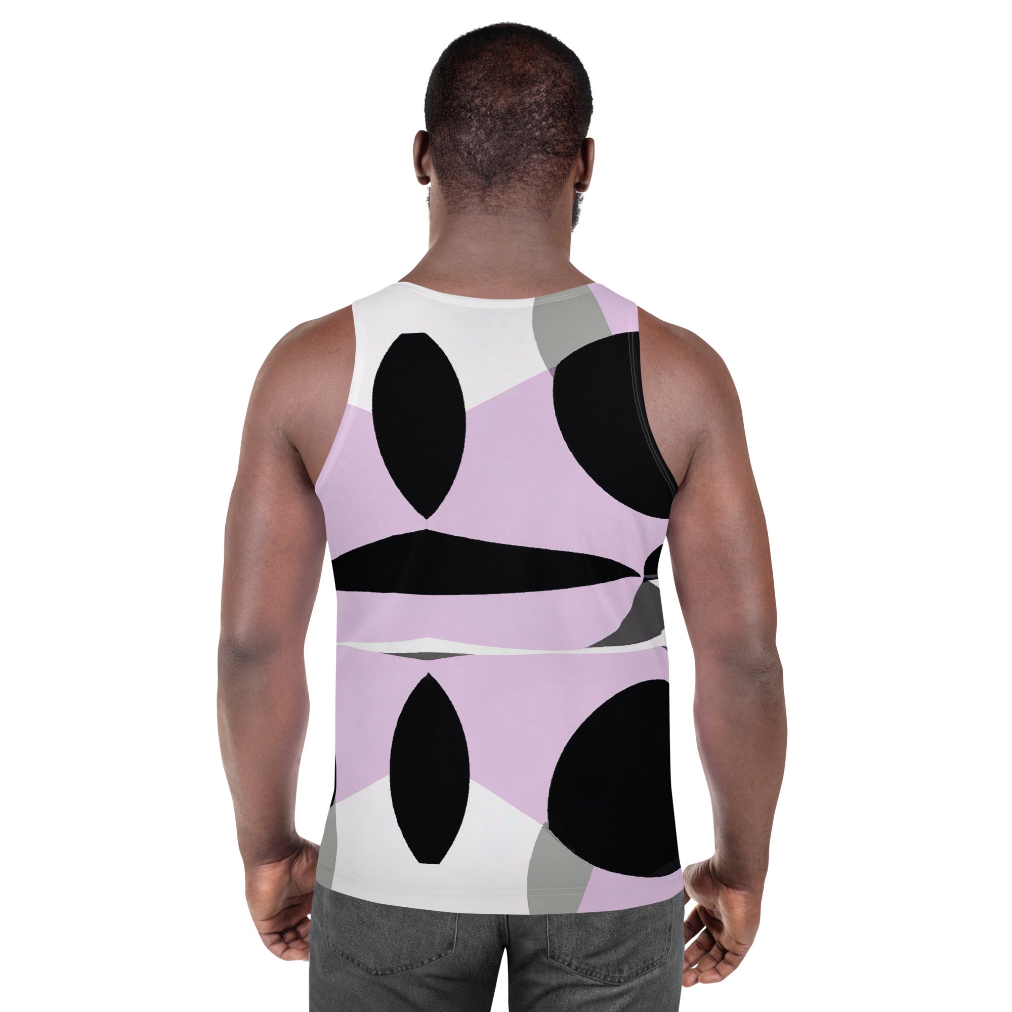 Mens Stretch Fit Tank Top featuring a geometric lavender and black pattern, designed for comfort and style, perfect for active and casual wear.