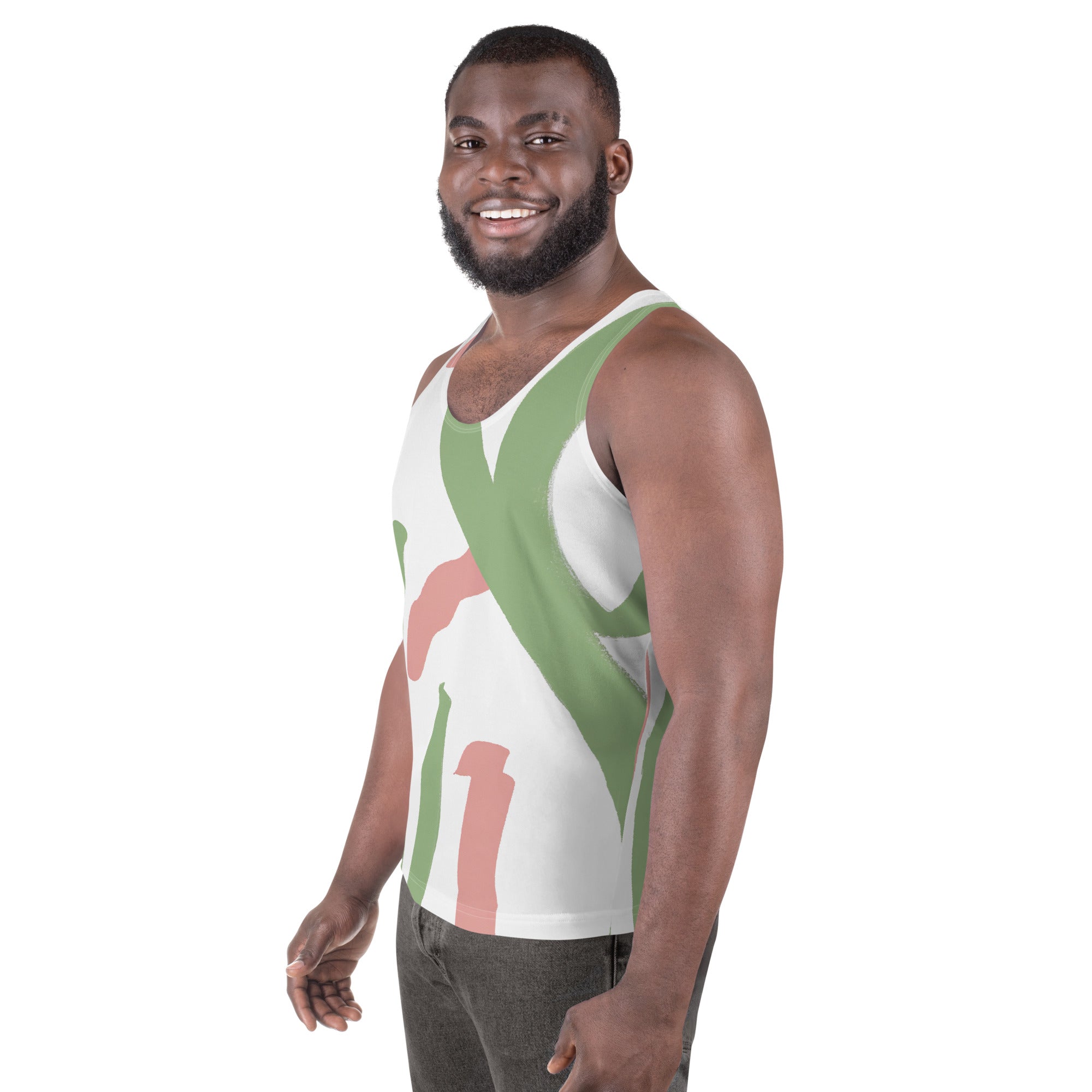 Mens Stretch Fit Tank Top in Green Mauve Abstract Brush Stroke Pattern, showcasing a stylish and breathable design perfect for workouts and casual wear.