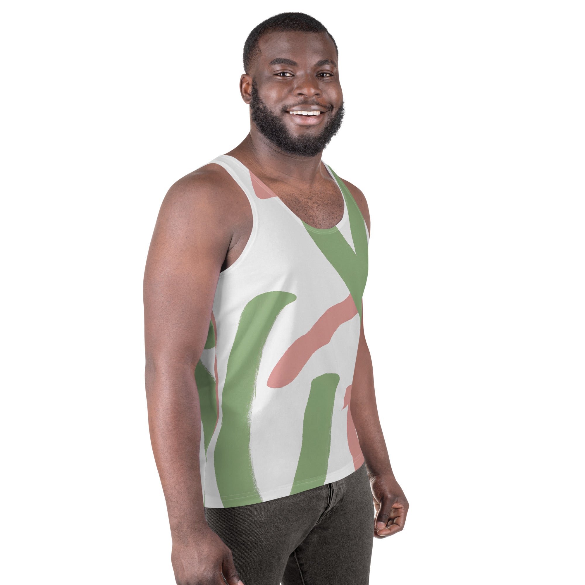 Mens Stretch Fit Tank Top in Green Mauve Abstract Brush Stroke Pattern, showcasing a stylish and breathable design perfect for workouts and casual wear.