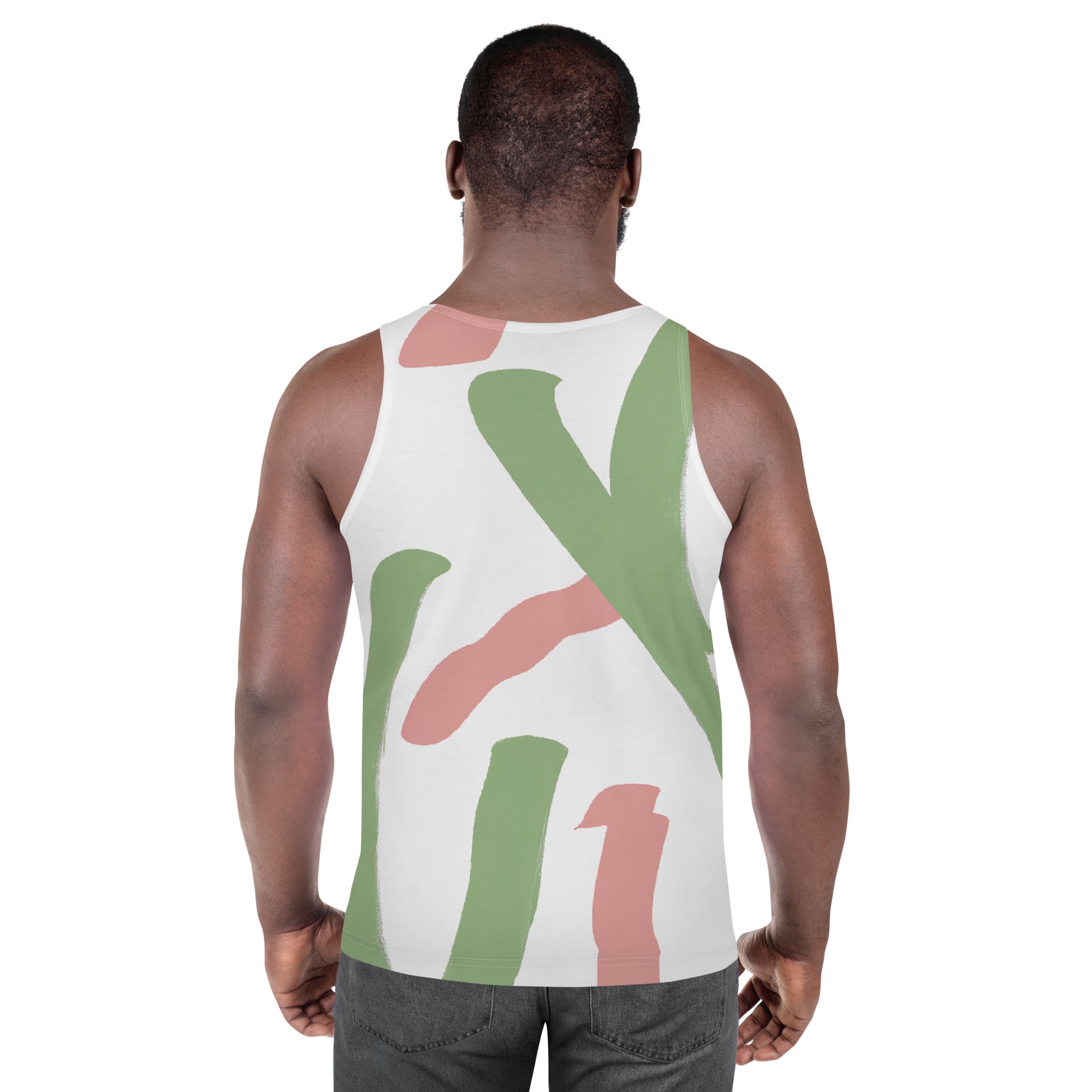 Mens Stretch Fit Tank Top in Green Mauve Abstract Brush Stroke Pattern, showcasing a stylish and breathable design perfect for workouts and casual wear.