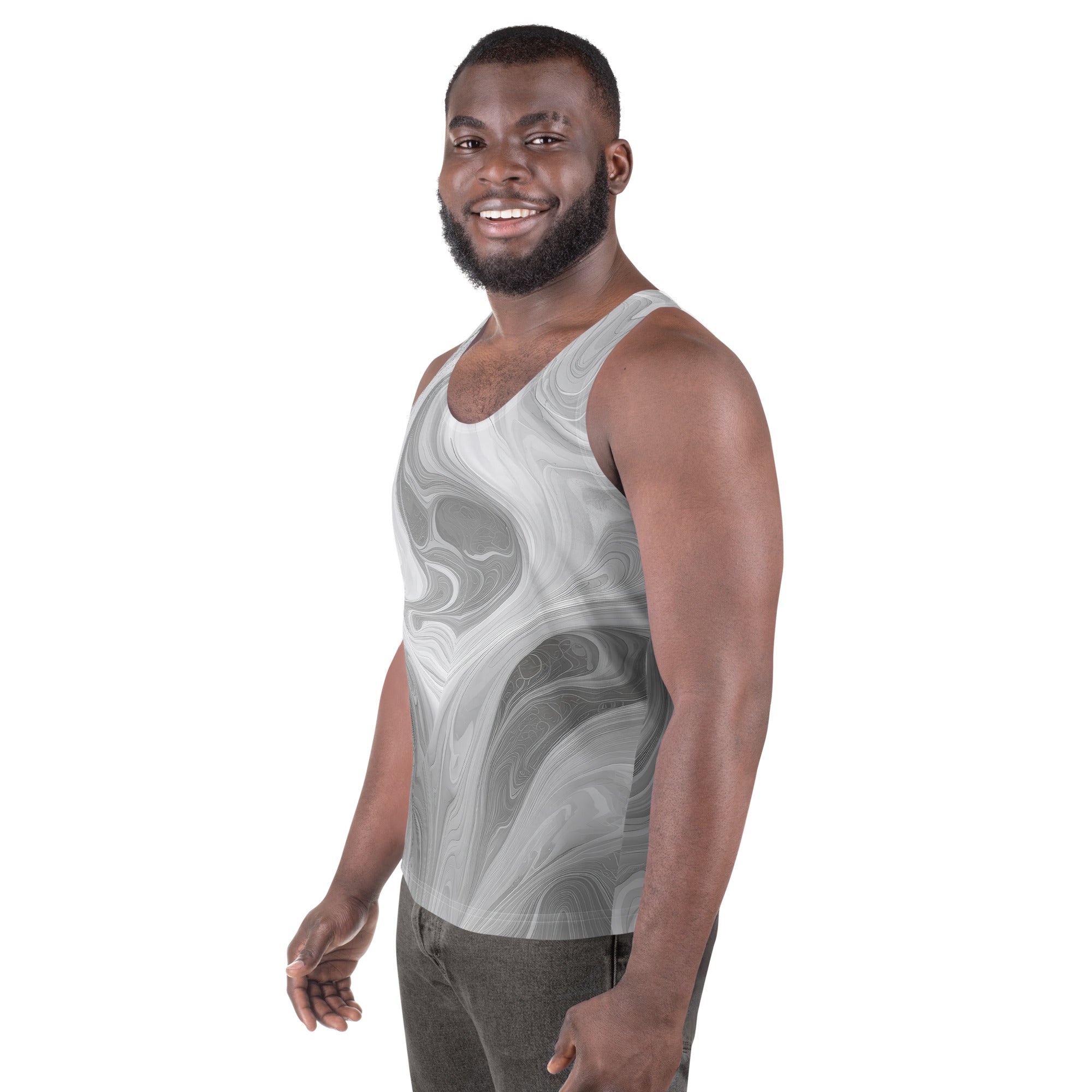 Mens Stretch Fit Tank Top in Grey White Boho Marble Print, showcasing a stylish and comfortable sleeveless design.