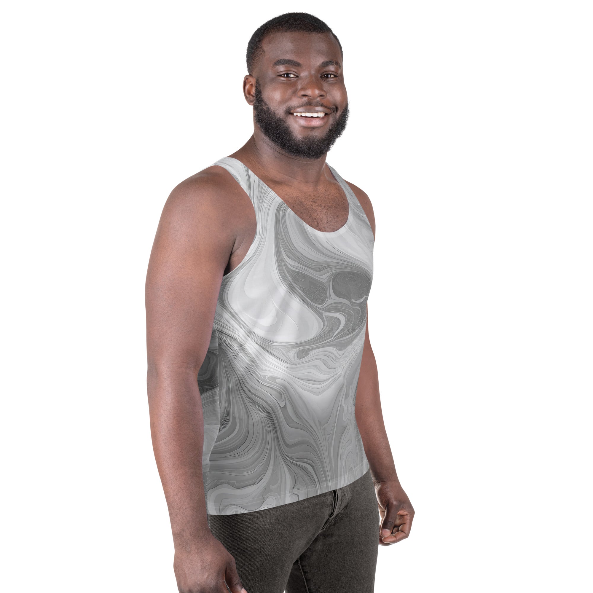 Mens Stretch Fit Tank Top in Grey White Boho Marble Print, showcasing a stylish and comfortable sleeveless design.