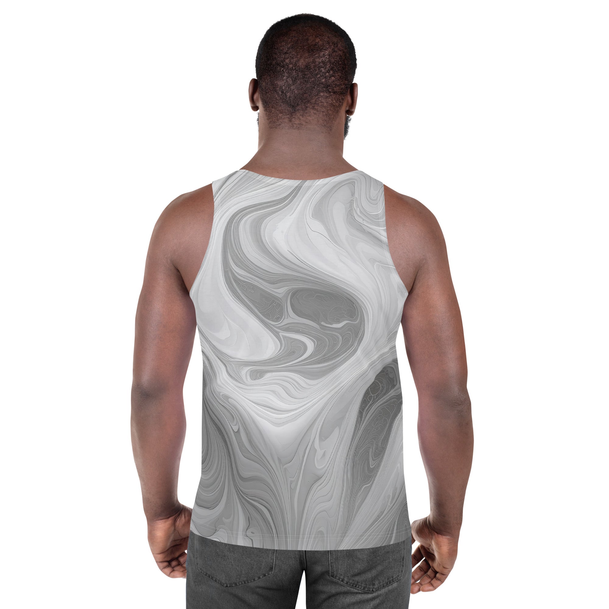 Mens Stretch Fit Tank Top in Grey White Boho Marble Print, showcasing a stylish and comfortable sleeveless design.