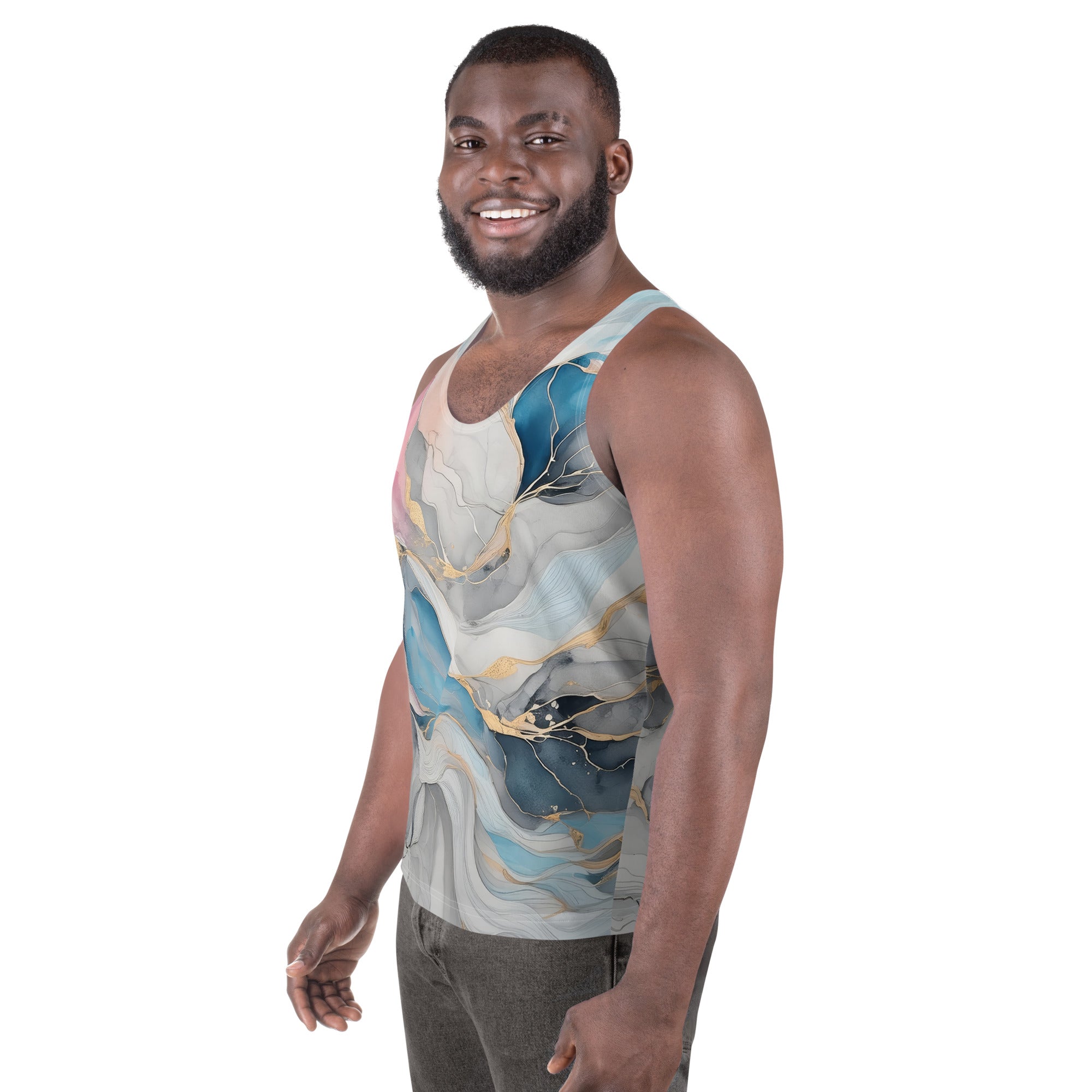 Mens Stretch Fit Tank Top in Marble Cloud of Grey Pink Blue, showcasing its sleeveless design and breathable fabric.