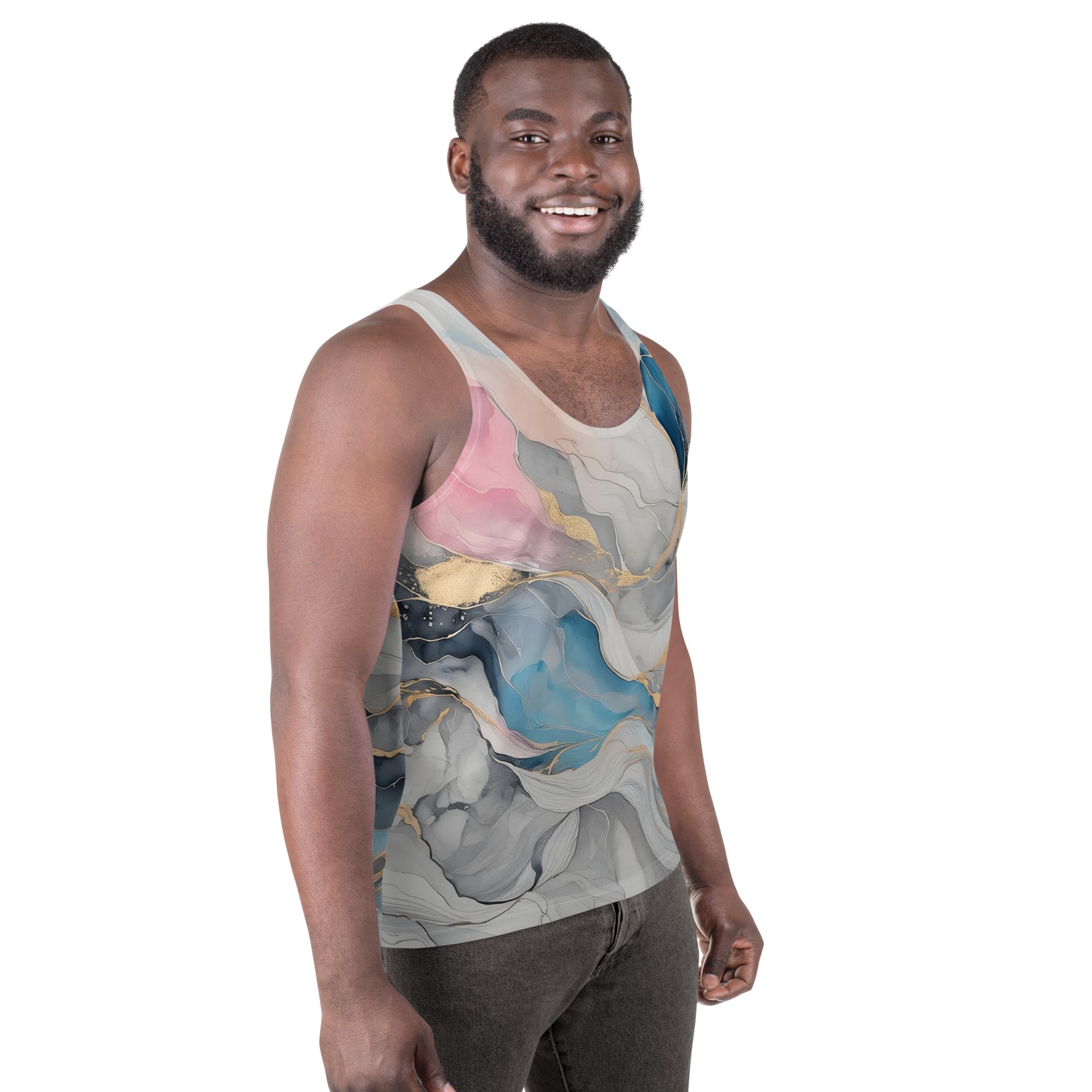 Mens Stretch Fit Tank Top in Marble Cloud of Grey Pink Blue, showcasing its sleeveless design and breathable fabric.