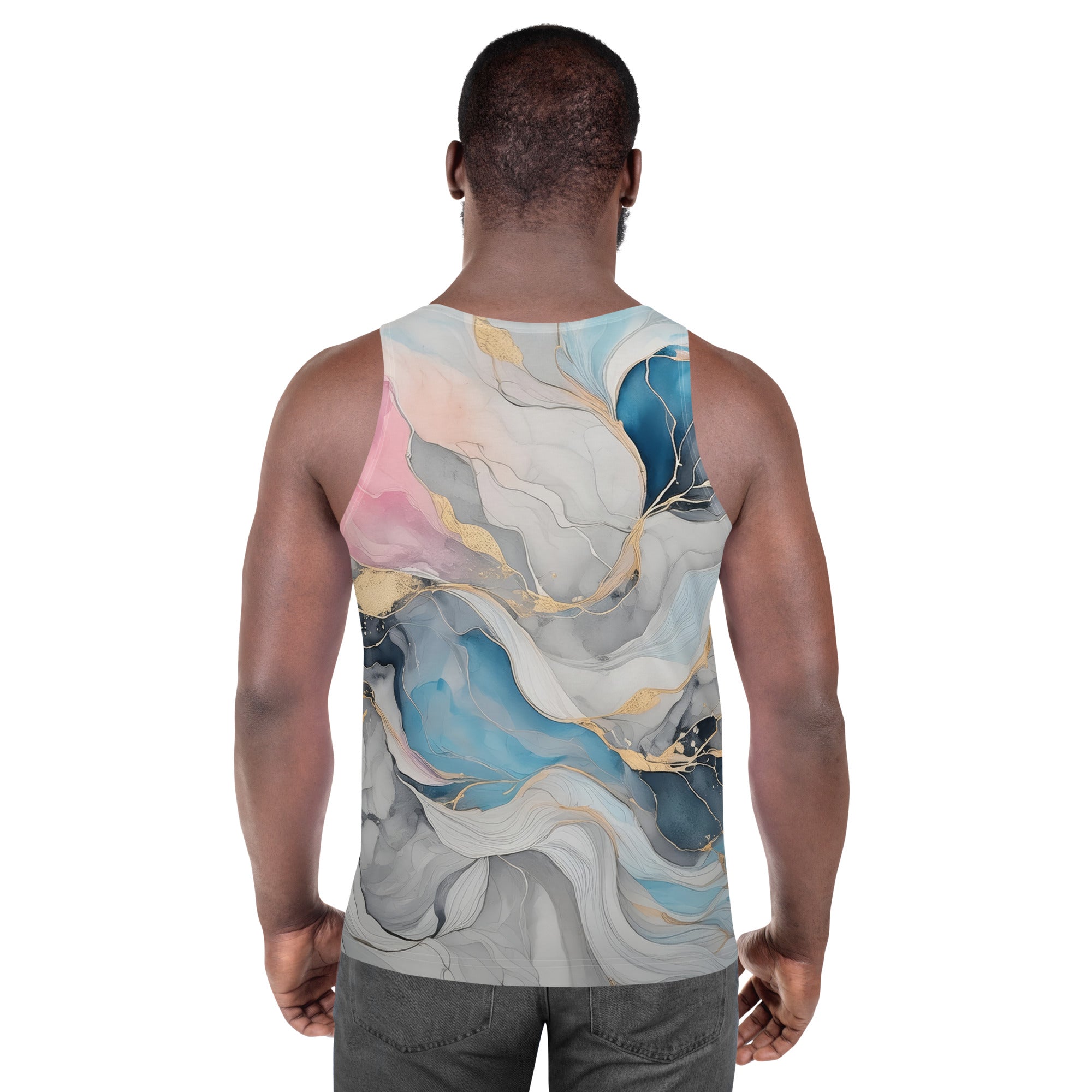 Mens Stretch Fit Tank Top in Marble Cloud of Grey Pink Blue, showcasing its sleeveless design and breathable fabric.