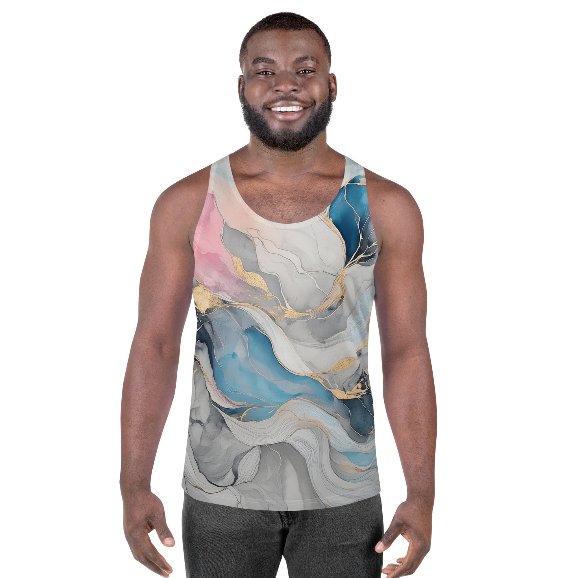 Mens Stretch Fit Tank Top in Marble Cloud of Grey Pink Blue, showcasing its sleeveless design and breathable fabric.