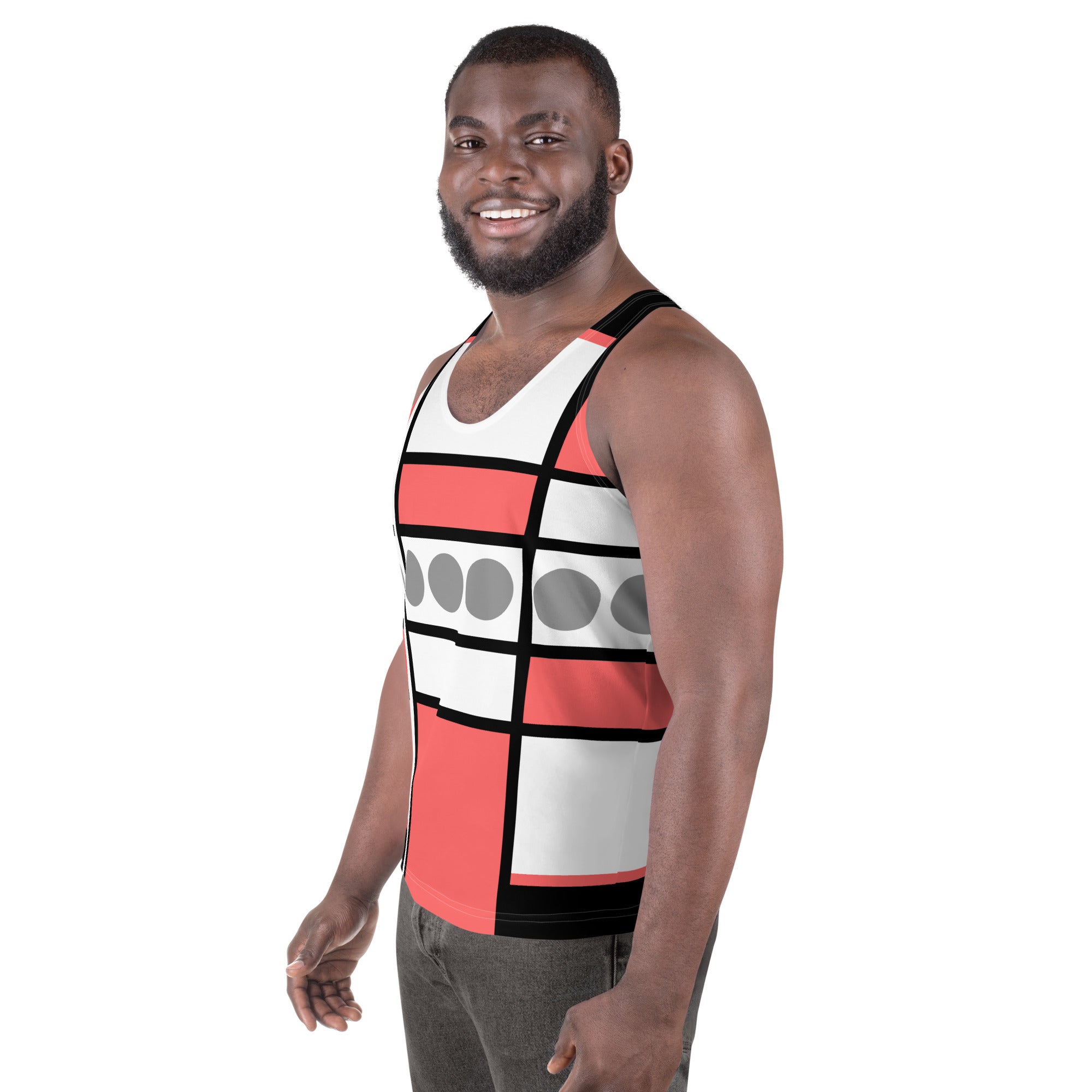 Mens Stretch Fit Tank Top in Pale Red Print, showcasing a lightweight and breathable design with a classic crew neckline.