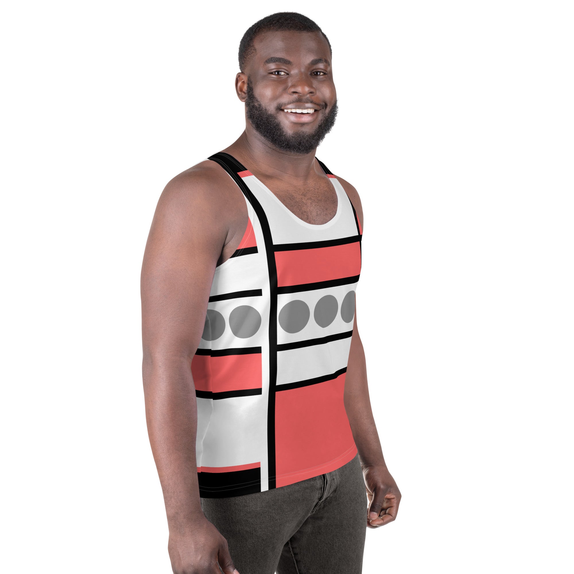 Mens Stretch Fit Tank Top in Pale Red Print, showcasing a lightweight and breathable design with a classic crew neckline.