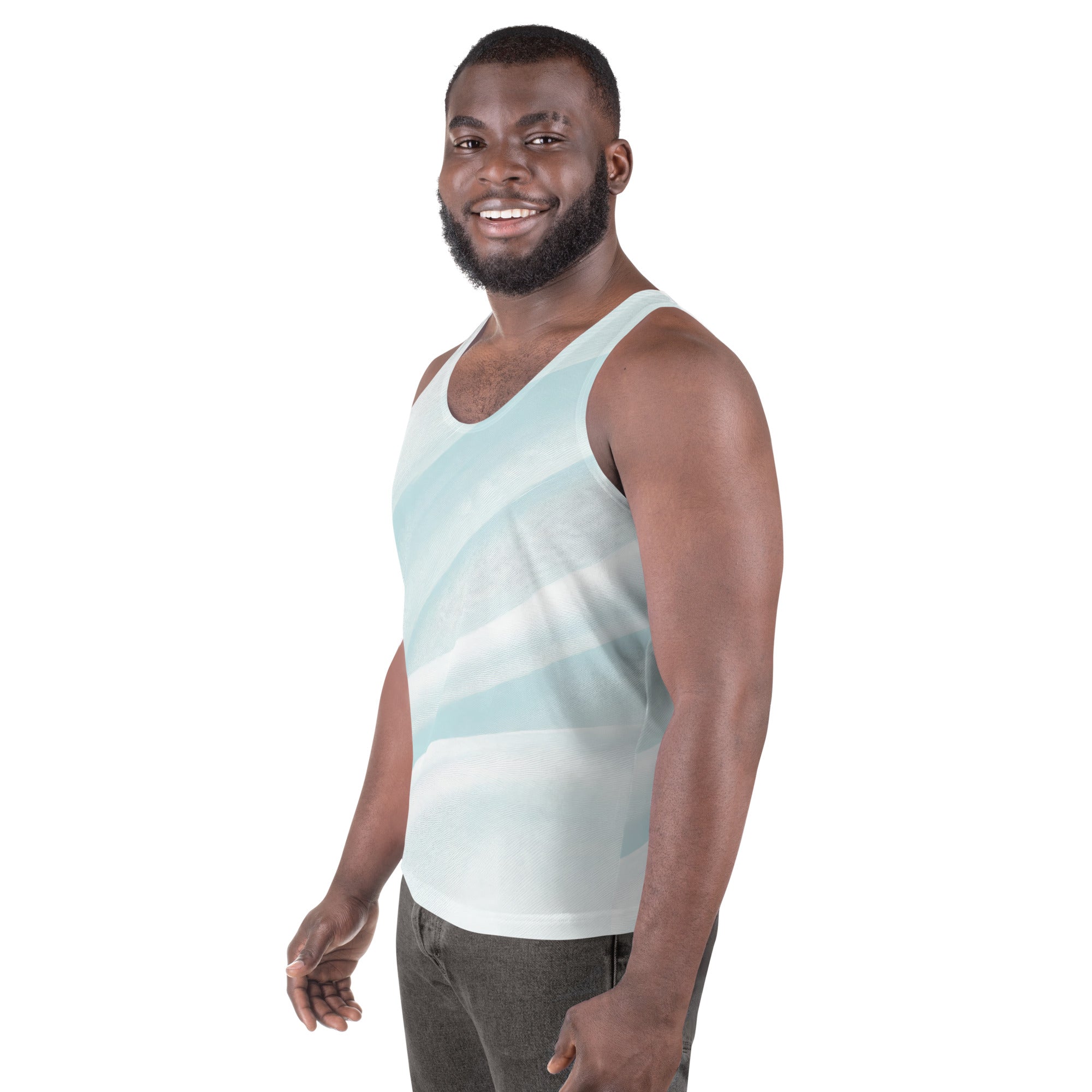 Mens Stretch Fit Tank Top in Pastel Blue Swirl pattern, showcasing a lightweight and breathable design ideal for active wear.