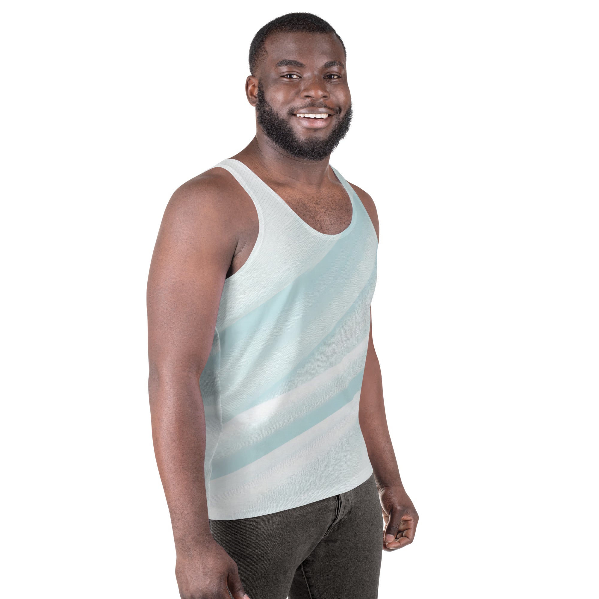 Mens Stretch Fit Tank Top in Pastel Blue Swirl pattern, showcasing a lightweight and breathable design ideal for active wear.