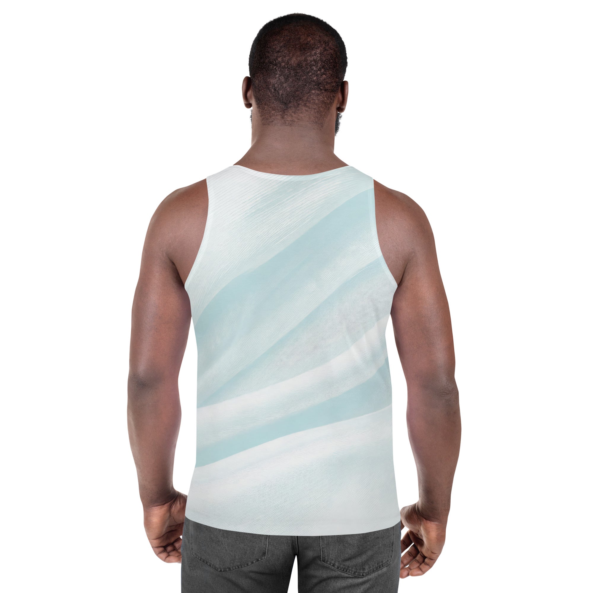 Mens Stretch Fit Tank Top in Pastel Blue Swirl pattern, showcasing a lightweight and breathable design ideal for active wear.