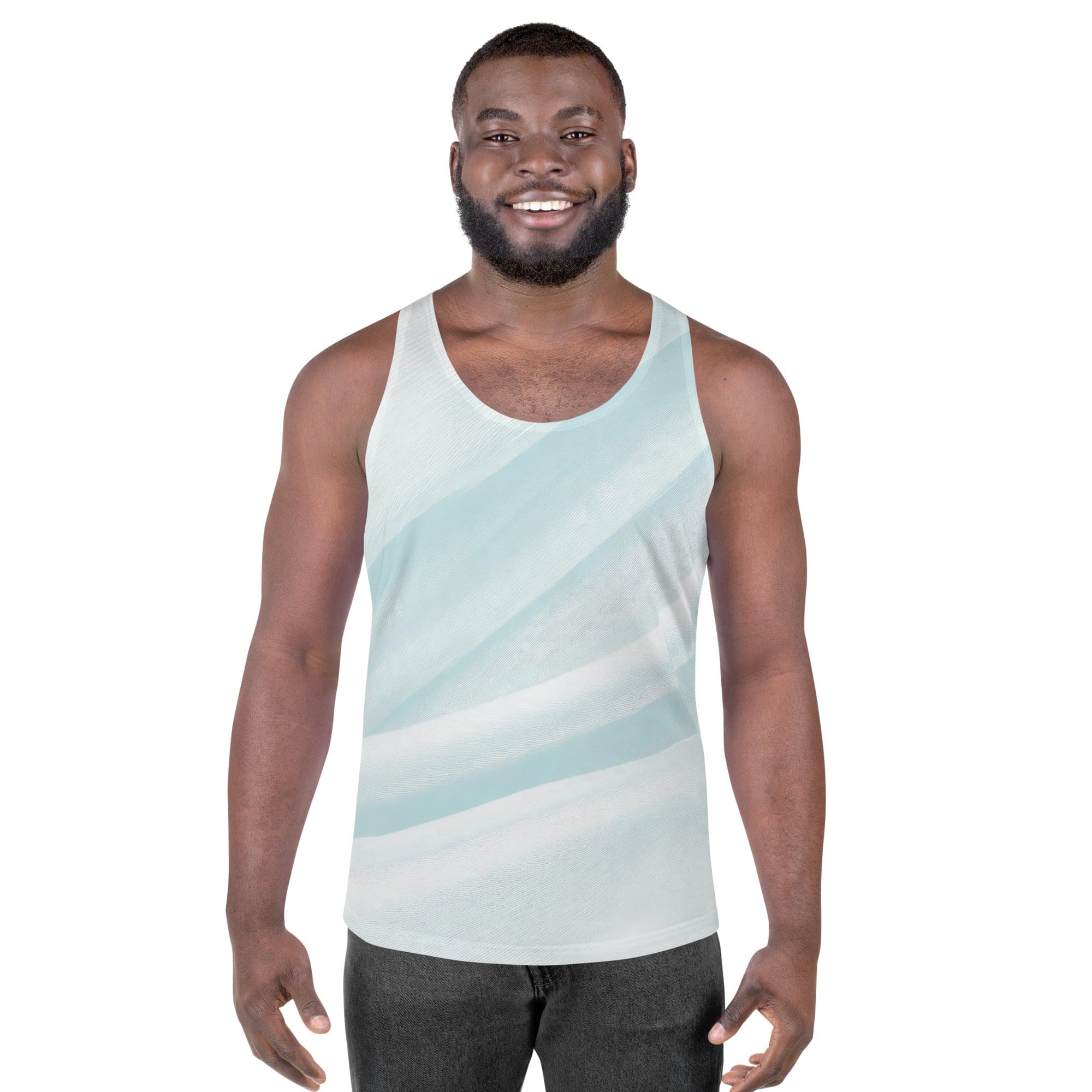 Mens Stretch Fit Tank Top in Pastel Blue Swirl pattern, showcasing a lightweight and breathable design ideal for active wear.