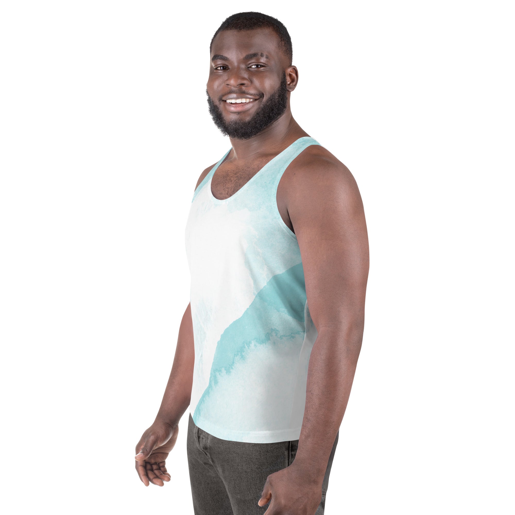 Mens Stretch Fit Tank Top featuring a subtle abstract ocean blue and white print, designed for comfort and style.