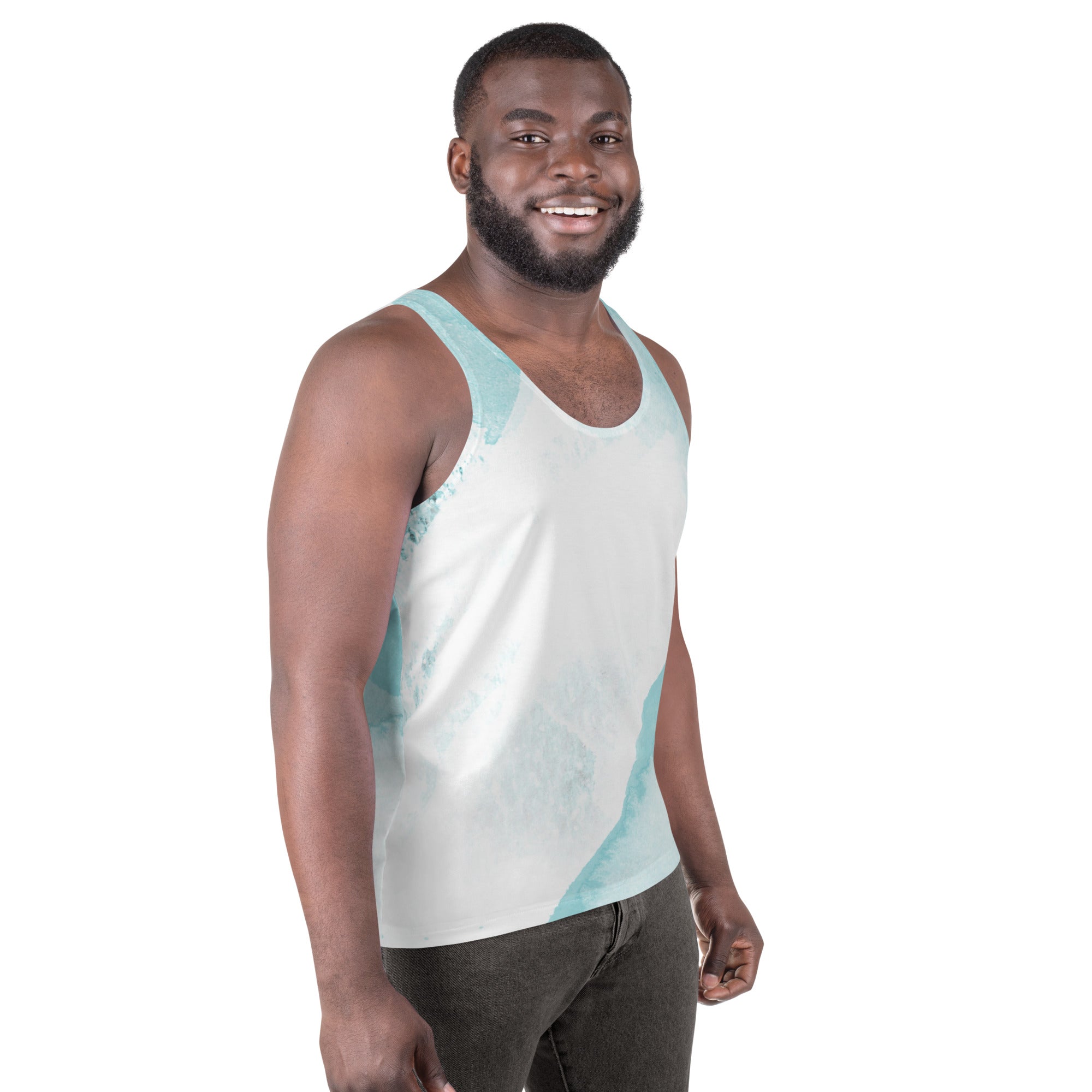 Mens Stretch Fit Tank Top featuring a subtle abstract ocean blue and white print, designed for comfort and style.