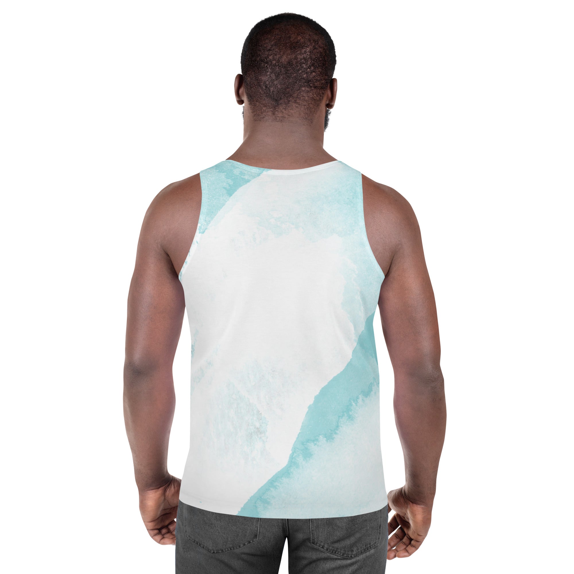 Mens Stretch Fit Tank Top featuring a subtle abstract ocean blue and white print, designed for comfort and style.