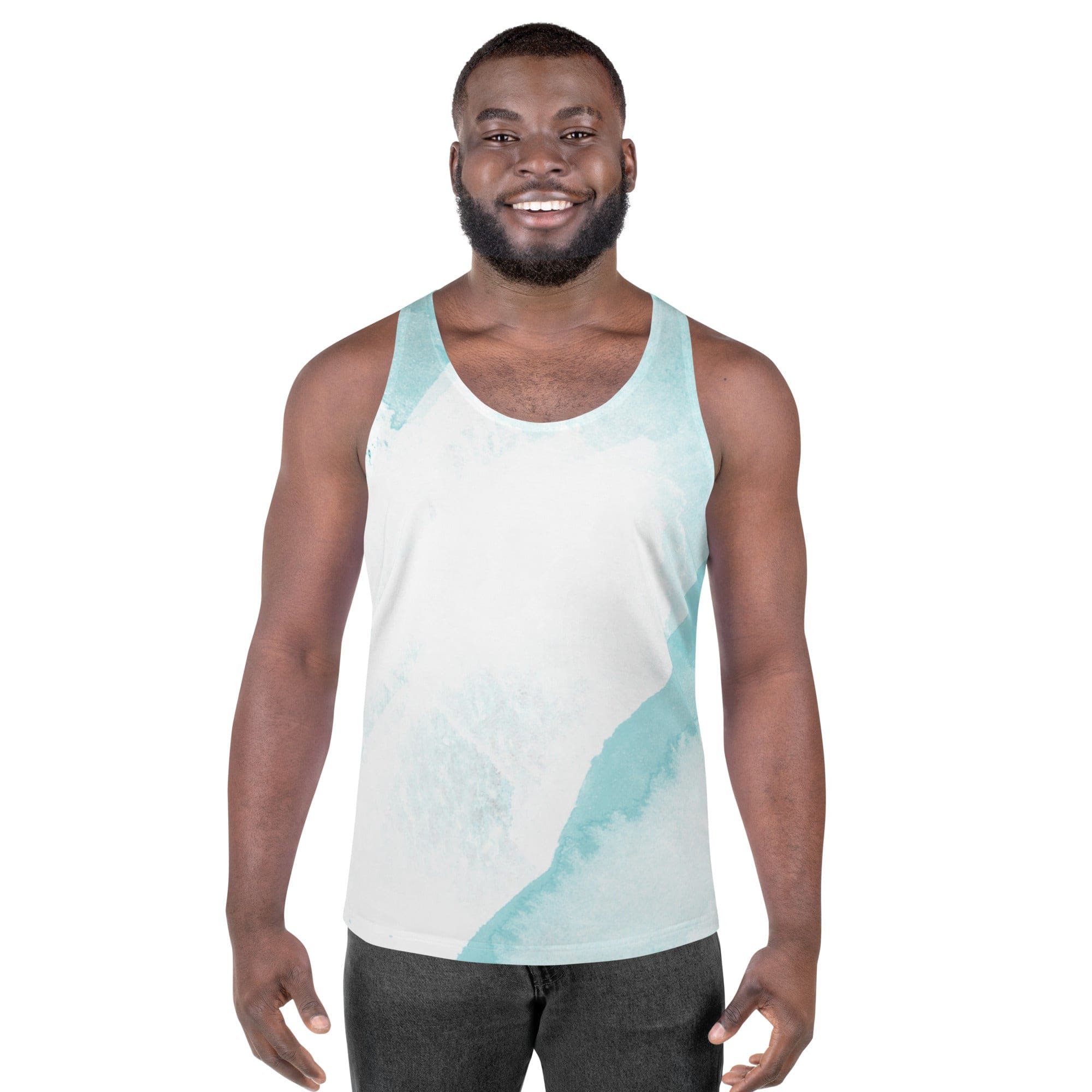 Mens Stretch Fit Tank Top featuring a subtle abstract ocean blue and white print, designed for comfort and style.