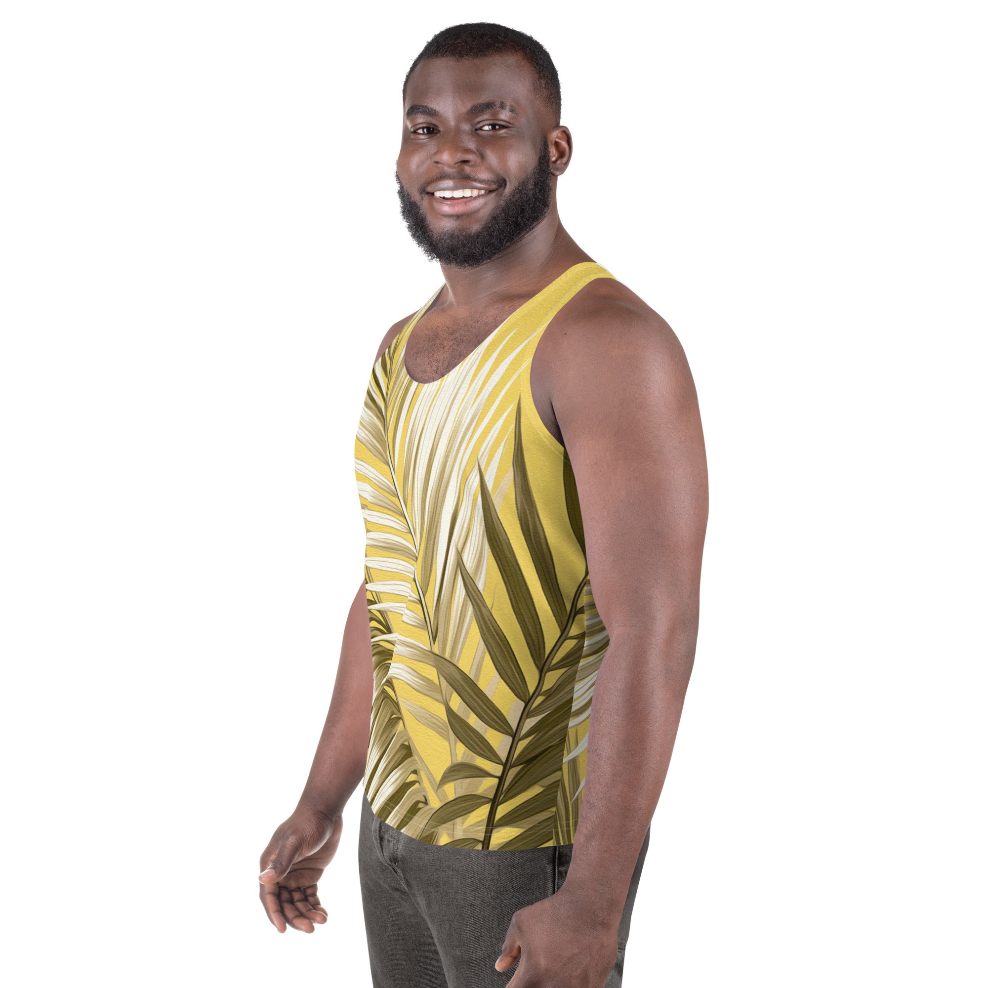 Men's Stretch Fit Tank Top in white and brown palm leaves design, showcasing a sleeveless style and classic crew neckline.