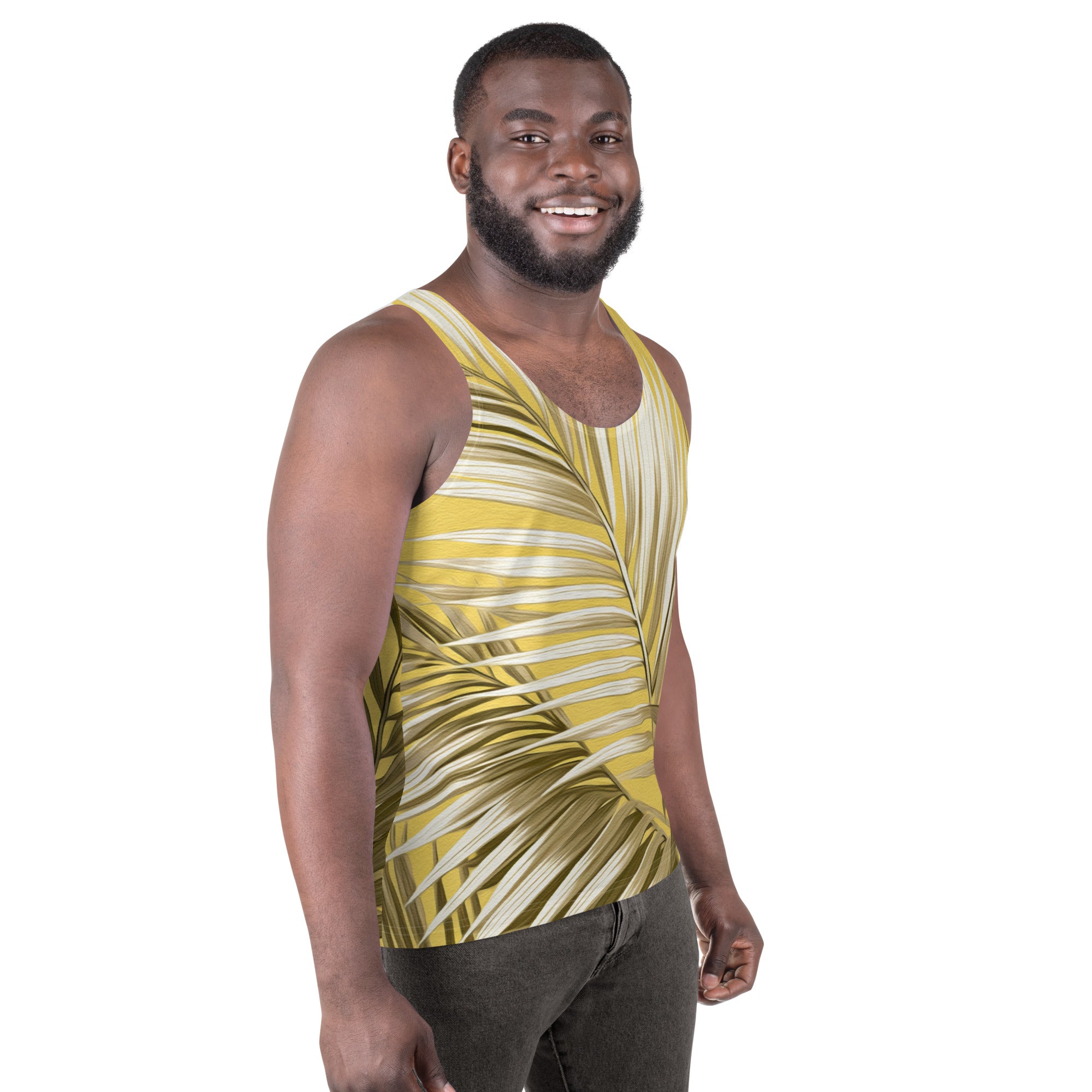 Men's Stretch Fit Tank Top in white and brown palm leaves design, showcasing a sleeveless style and classic crew neckline.