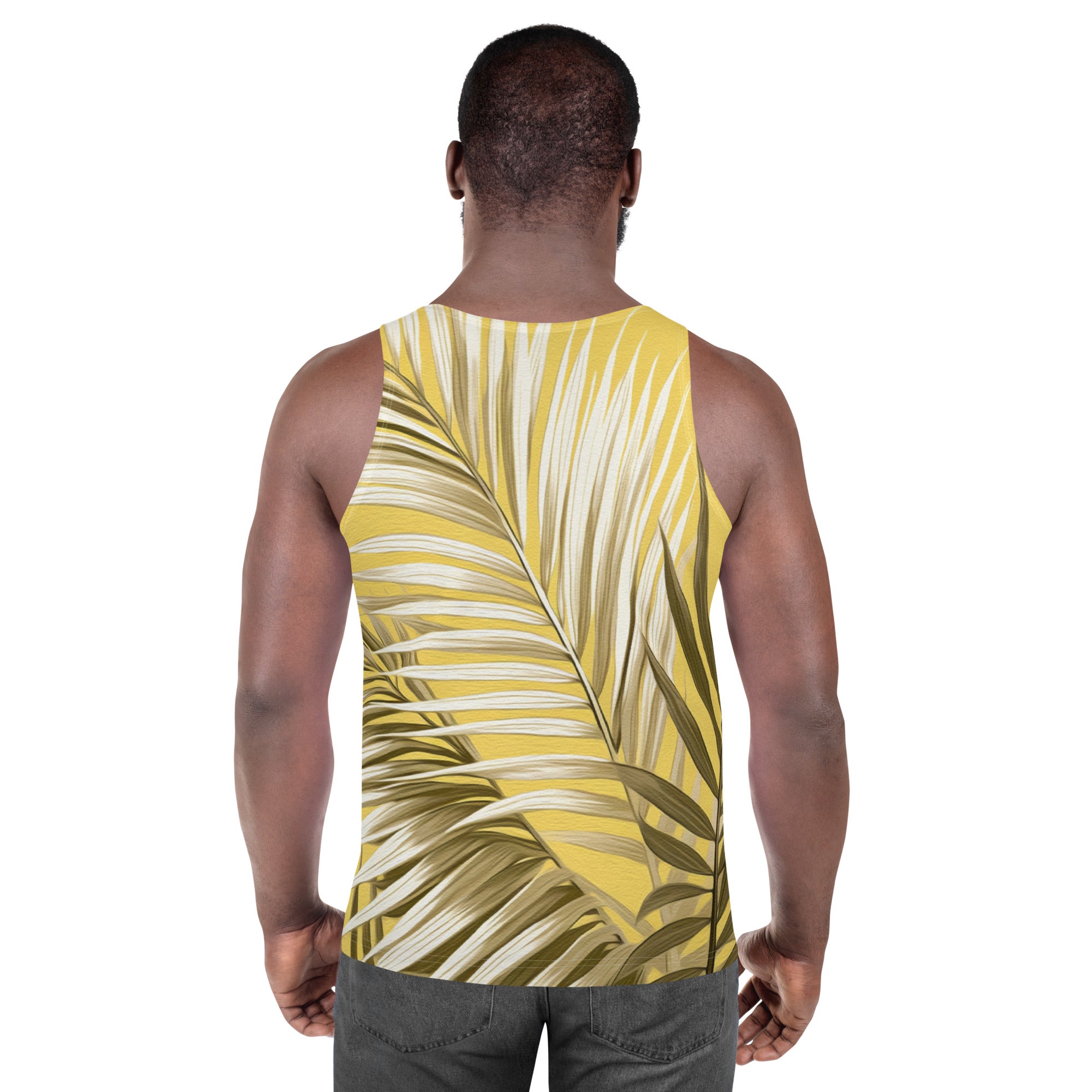 Men's Stretch Fit Tank Top in white and brown palm leaves design, showcasing a sleeveless style and classic crew neckline.