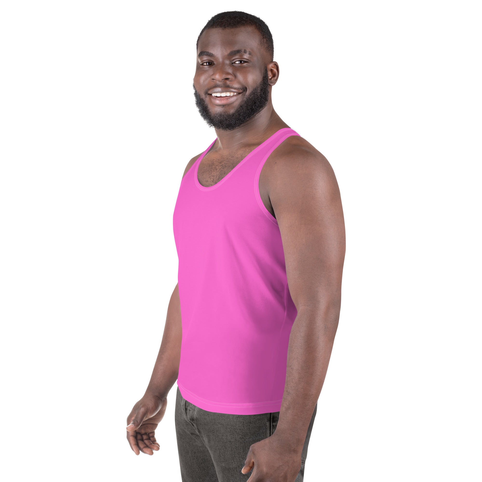 Men's Stretch Fit Tank Top in soft polyester blend, showcasing a relaxed fit and stretchy material, ideal for workouts and casual wear.