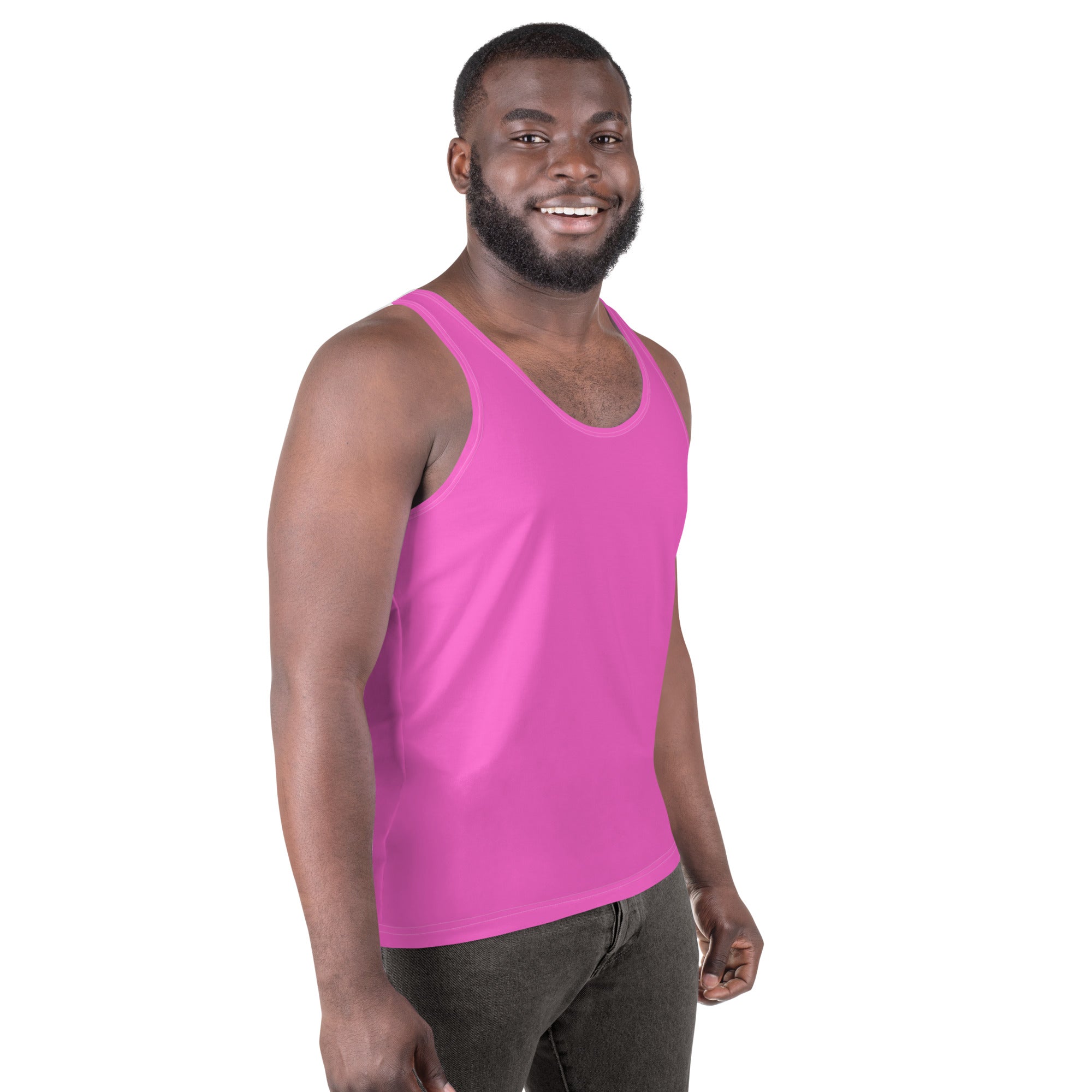 Men's Stretch Fit Tank Top in soft polyester blend, showcasing a relaxed fit and stretchy material, ideal for workouts and casual wear.