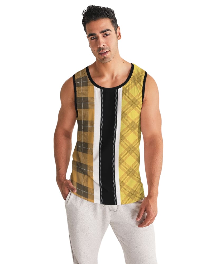 Men's tank top featuring a yellow and black tartan pattern, designed for sports and casual wear, showcasing a U-neck and deep-cut armholes.