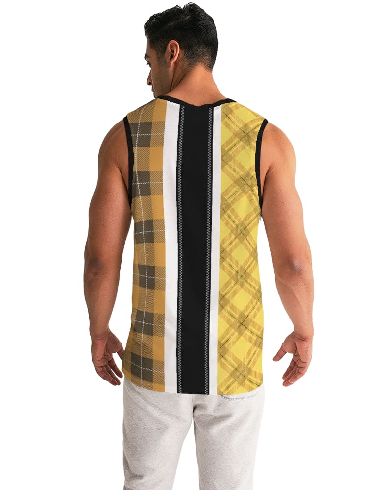 Men's tank top featuring a yellow and black tartan pattern, designed for sports and casual wear, showcasing a U-neck and deep-cut armholes.