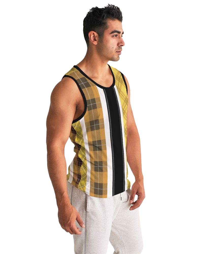 Men's tank top featuring a yellow and black tartan pattern, designed for sports and casual wear, showcasing a U-neck and deep-cut armholes.