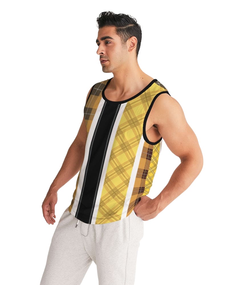 Men's tank top featuring a yellow and black tartan pattern, designed for sports and casual wear, showcasing a U-neck and deep-cut armholes.