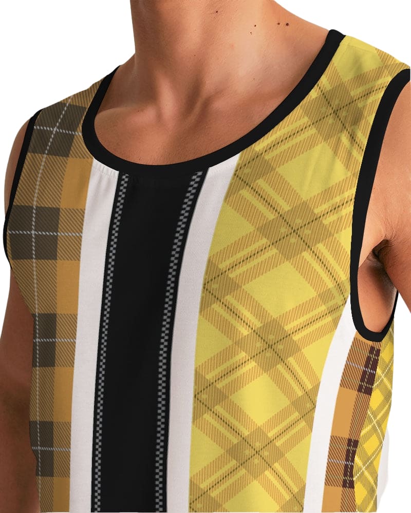 Men's tank top featuring a yellow and black tartan pattern, designed for sports and casual wear, showcasing a U-neck and deep-cut armholes.