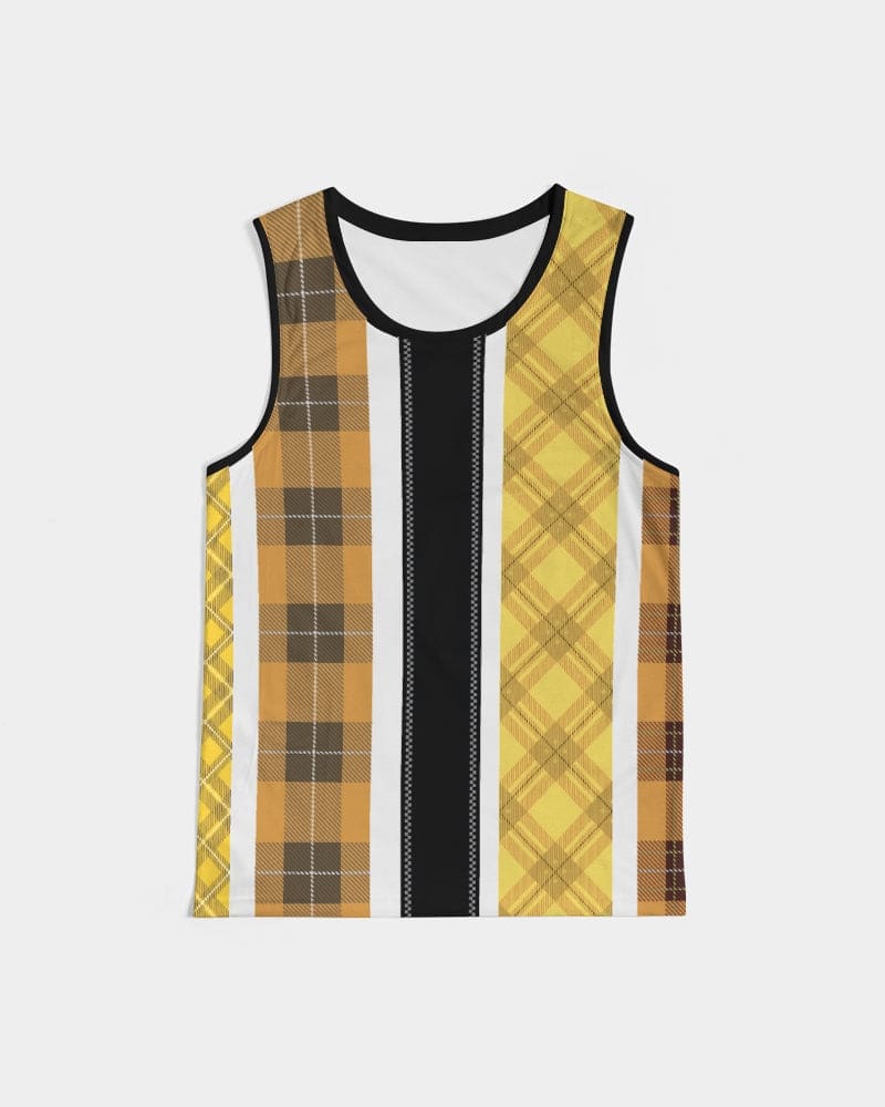 Men's tank top featuring a yellow and black tartan pattern, designed for sports and casual wear, showcasing a U-neck and deep-cut armholes.