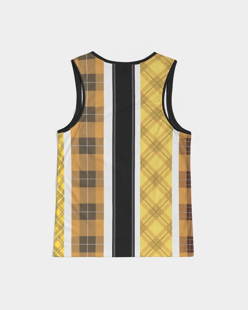 Men's tank top featuring a yellow and black tartan pattern, designed for sports and casual wear, showcasing a U-neck and deep-cut armholes.