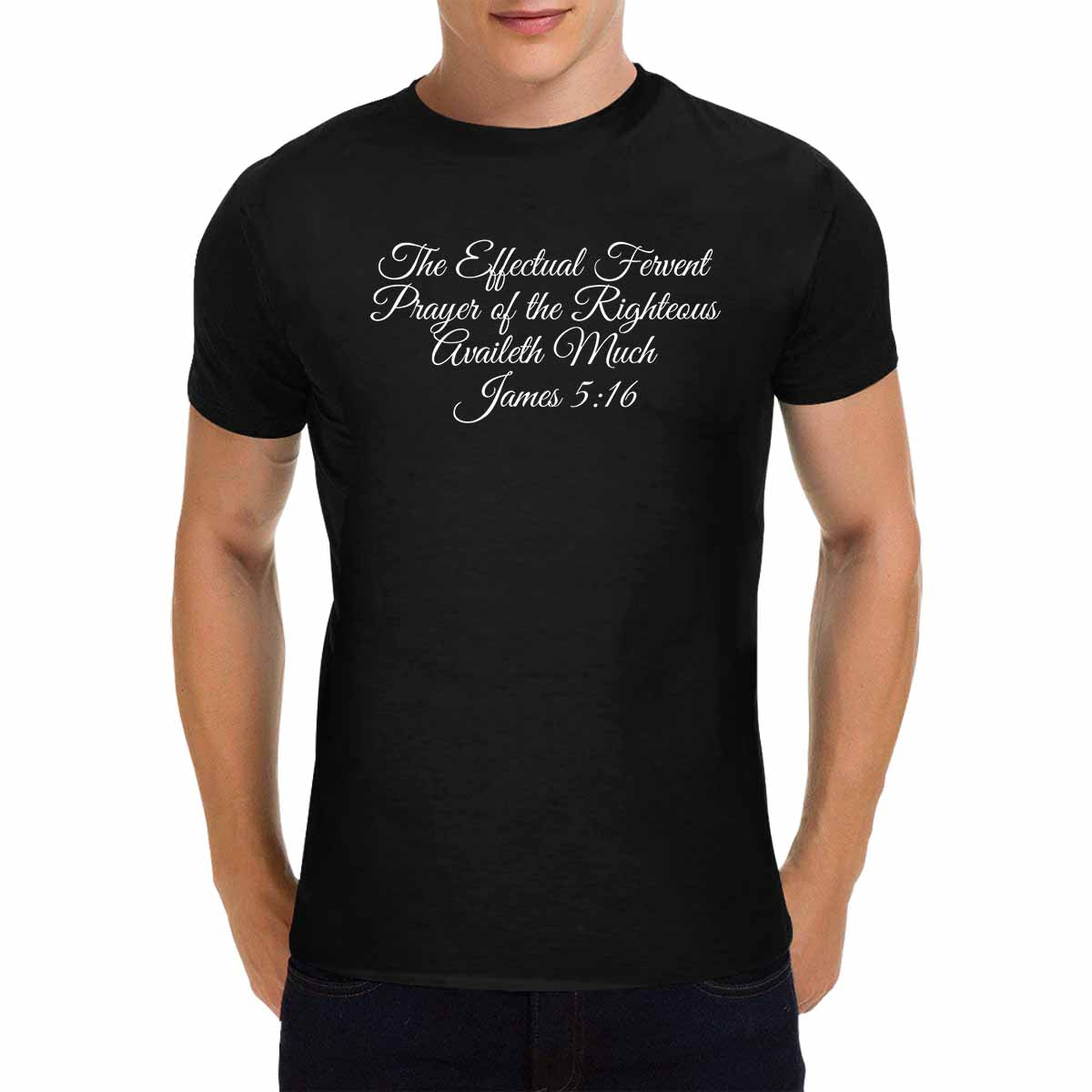 Men's T-shirt featuring James 5:16 inspirational graphic, showcasing a comfortable fit and stylish design.