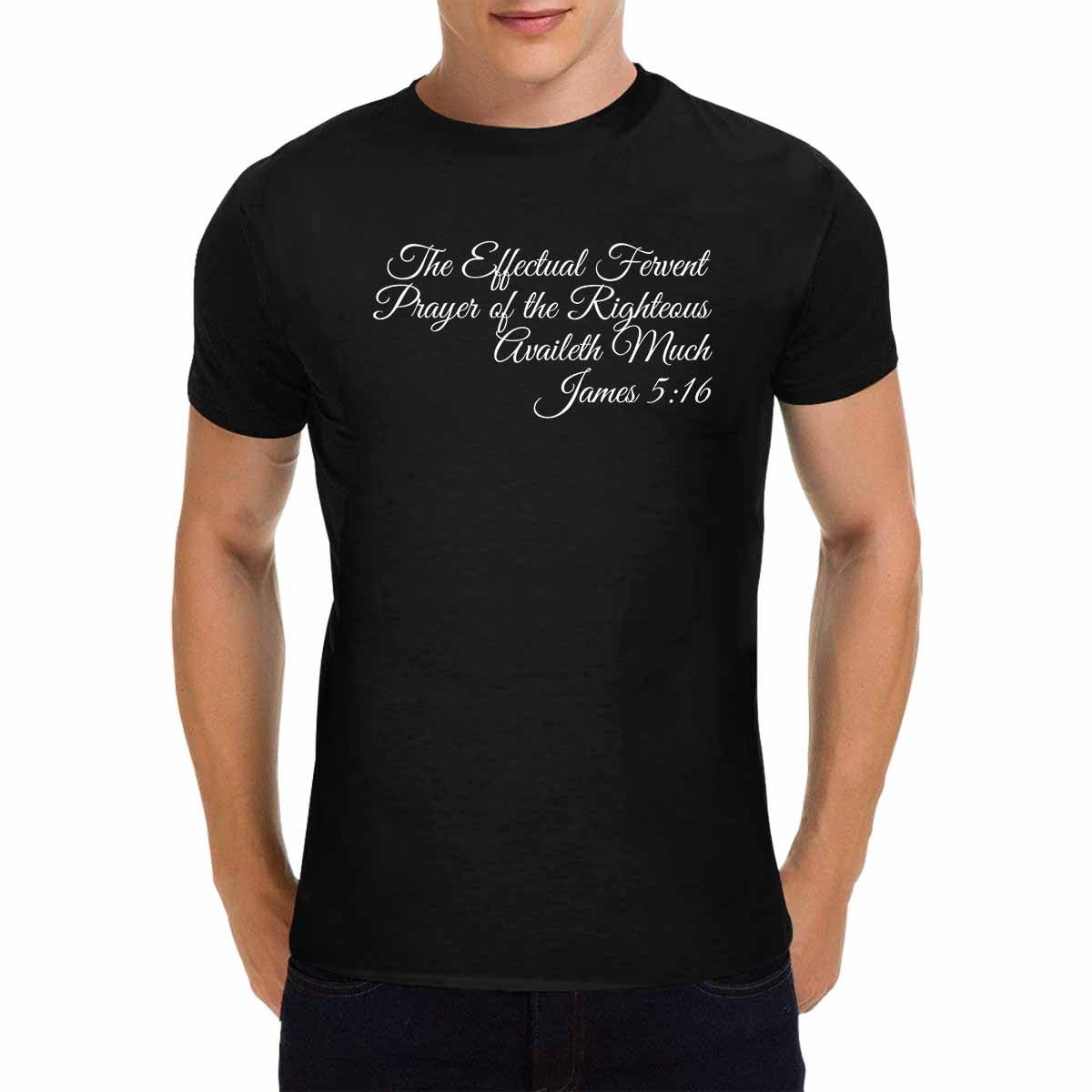 Men's T-shirt featuring James 5:16 inspirational graphic, showcasing a comfortable fit and stylish design.