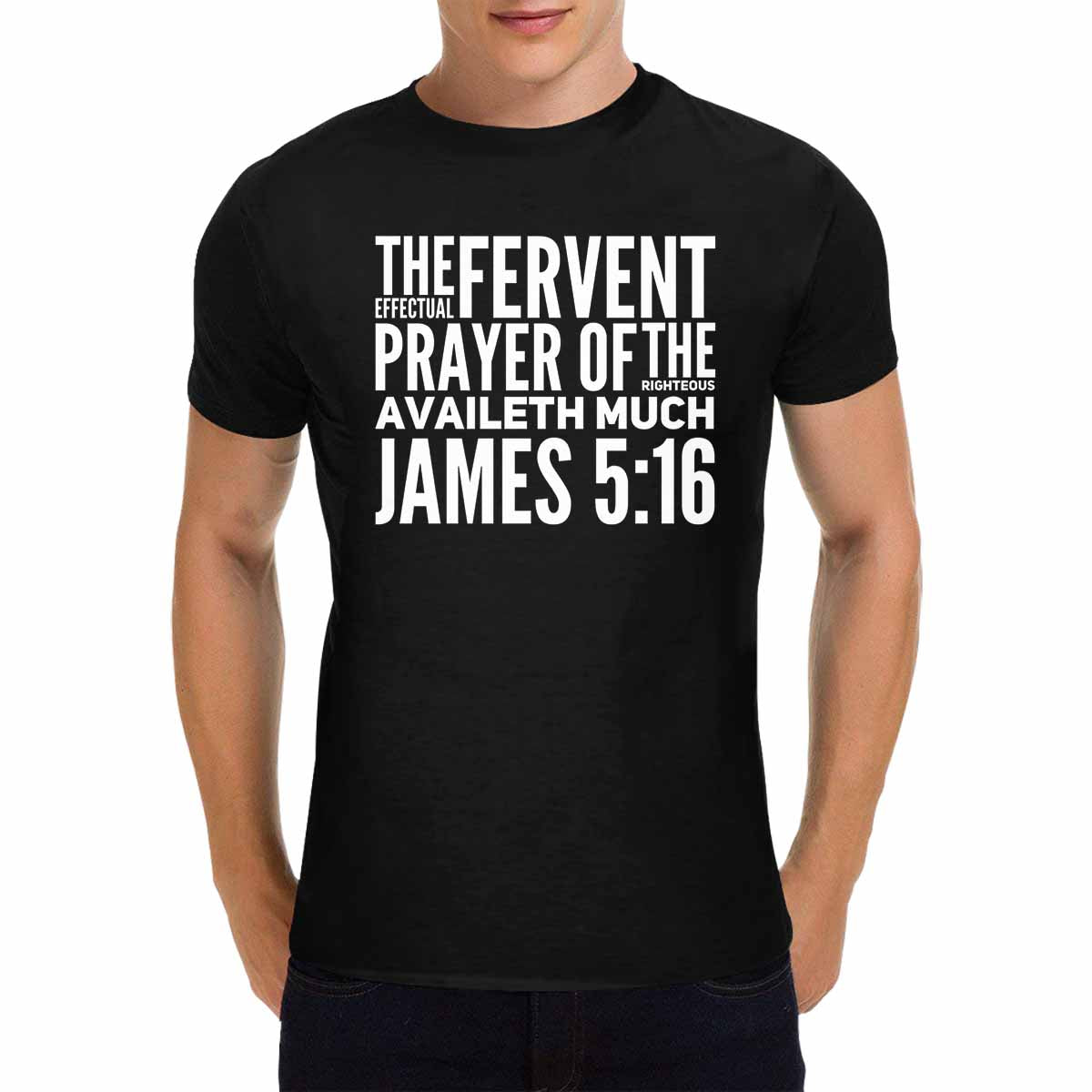 Men's T-shirt featuring James 5:16 inspirational graphic, showcasing a comfortable fit and stylish design.