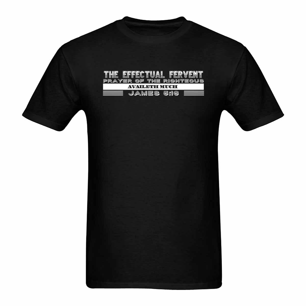 Men's black graphic t-shirt featuring James 5:16 inspirational quote, made from 100% cotton for comfort.