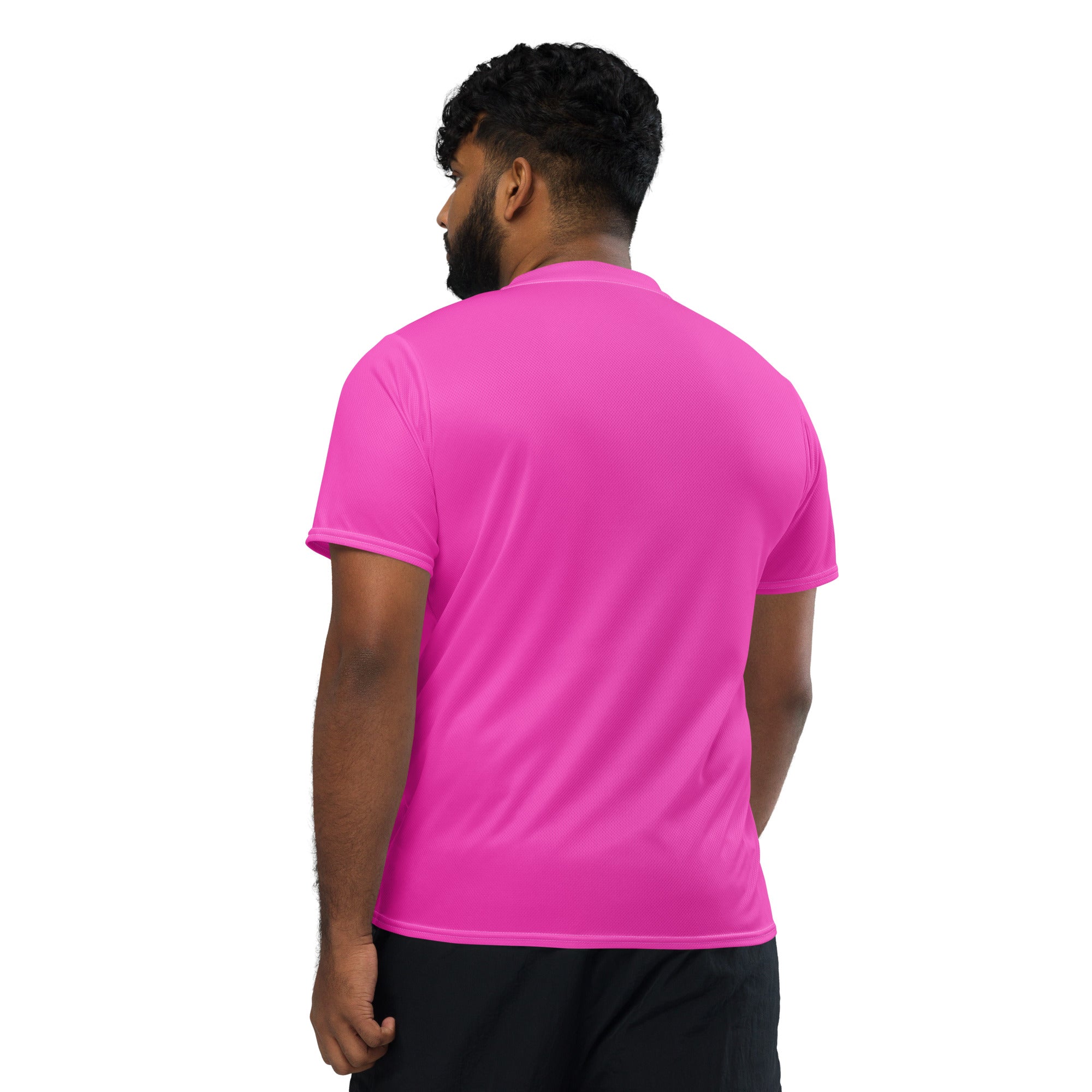 Men's V-Neck Sports Jersey made from 100% recycled polyester, featuring a double-layered collar and moisture-wicking fabric.