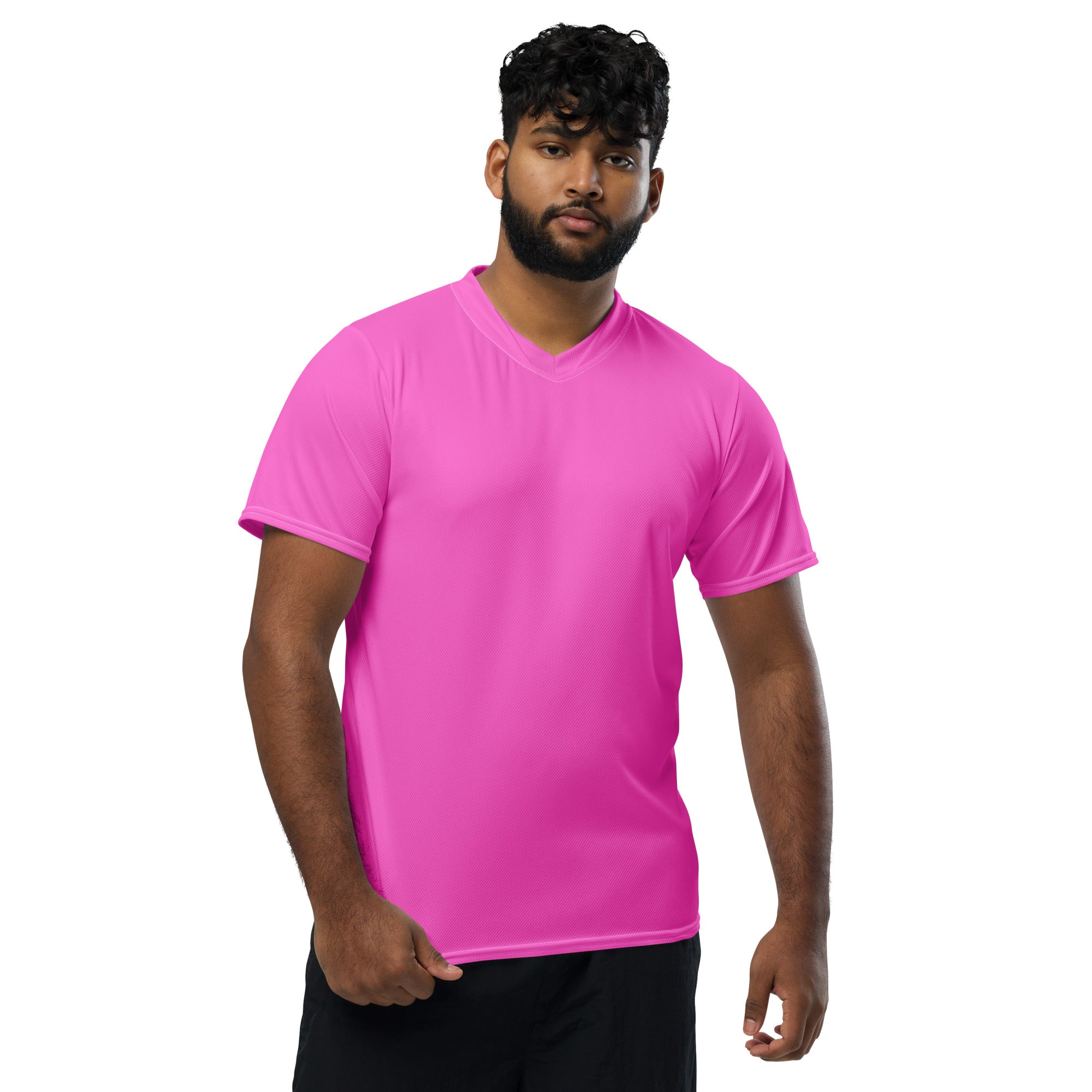 Men's V-Neck Sports Jersey made from 100% recycled polyester, featuring a double-layered collar and moisture-wicking fabric.