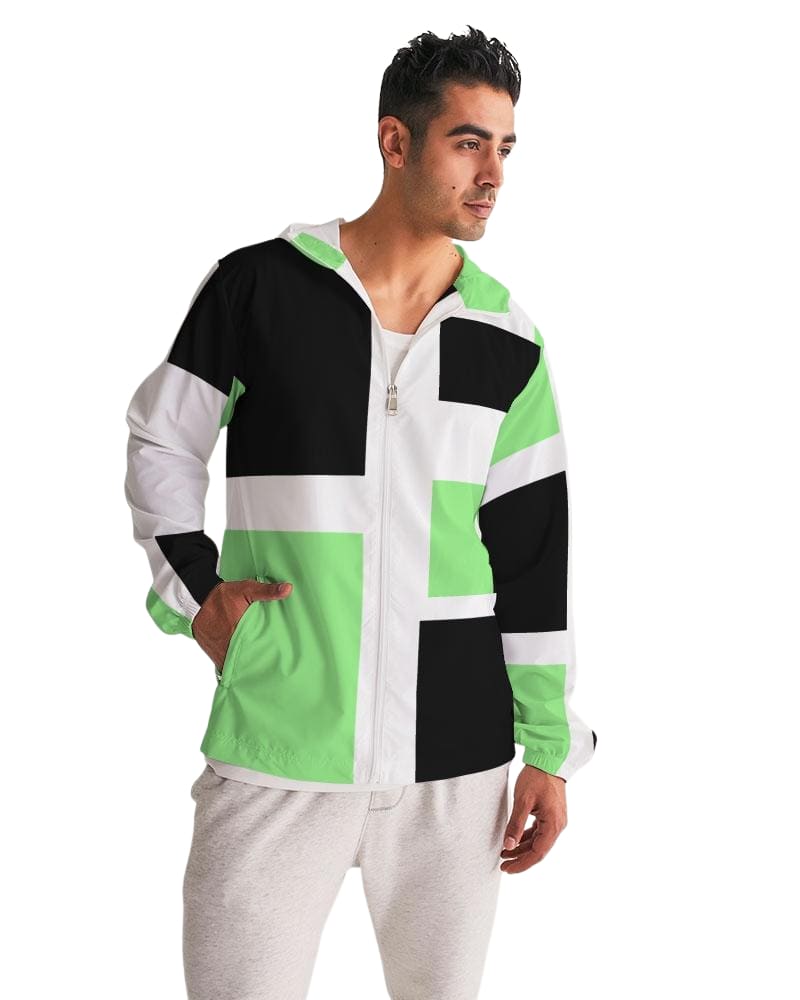 Men's Hooded Windbreaker in Green Tricolor, showcasing its lightweight and water-resistant fabric with elastic cuffs and zip pockets.