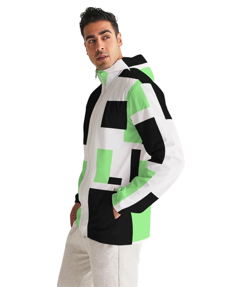 Men's Hooded Windbreaker in Green Tricolor, showcasing its lightweight and water-resistant fabric with elastic cuffs and zip pockets.