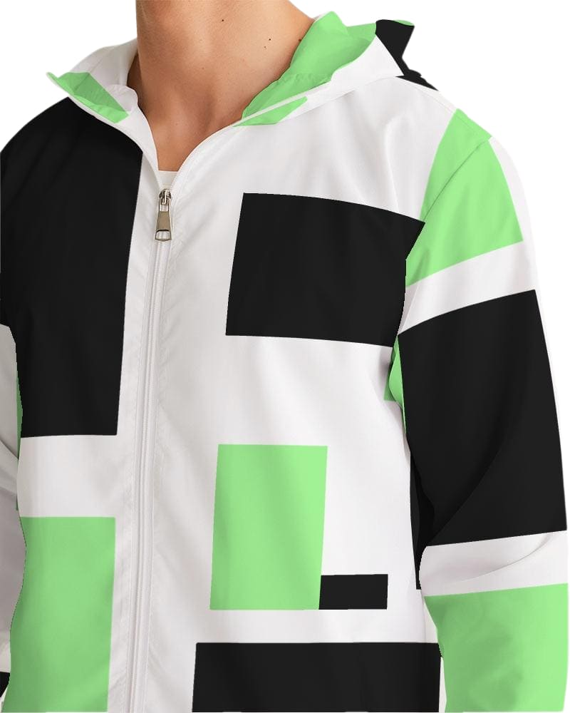 Men's Hooded Windbreaker in Green Tricolor, showcasing its lightweight and water-resistant fabric with elastic cuffs and zip pockets.